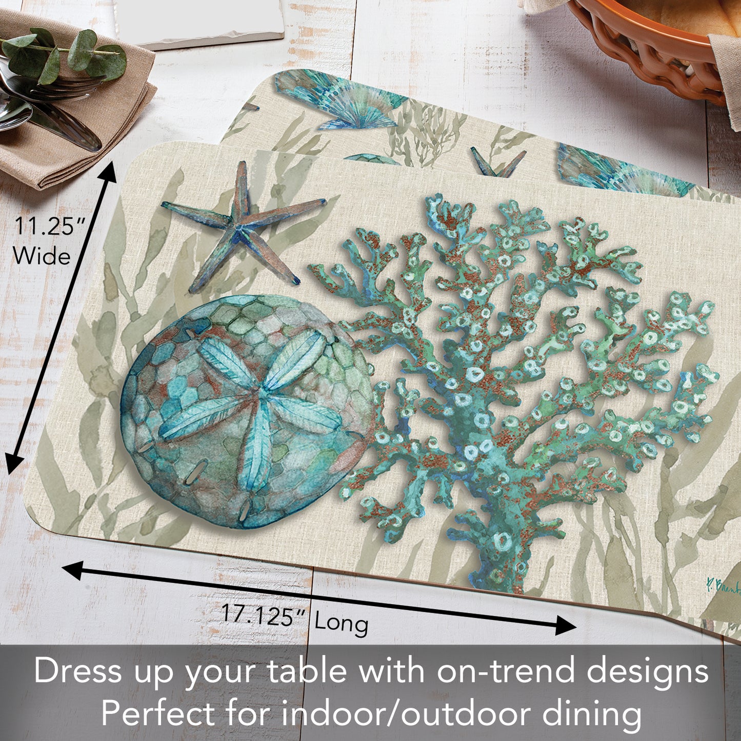 CounterArt Beach Shells 4 Pack Reversible Easy Care Flexible Placemats Made in the USA