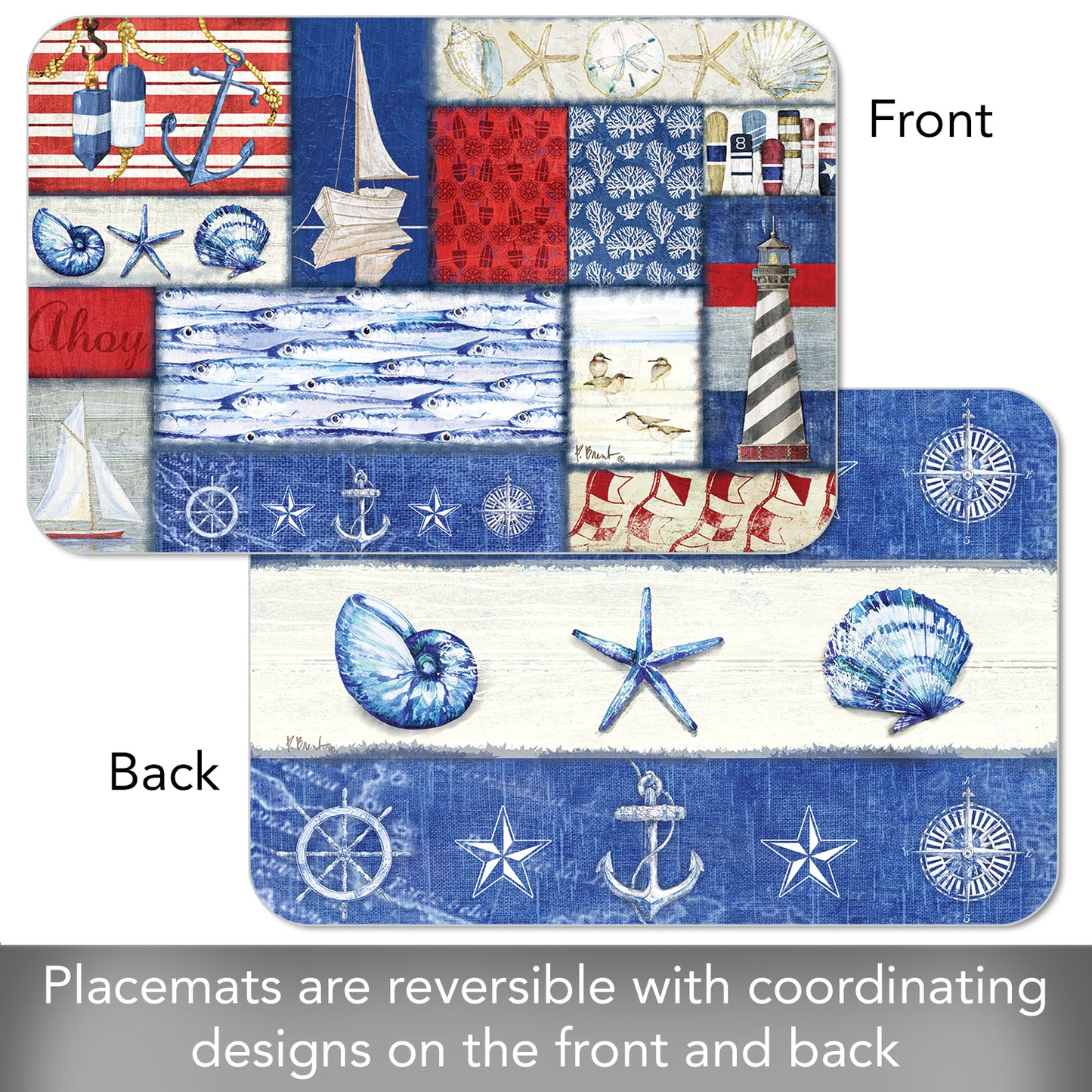 CounterArt Nautical Fragments 4 Pack Reversible Easy Care Flexible Placemats Made in the USA