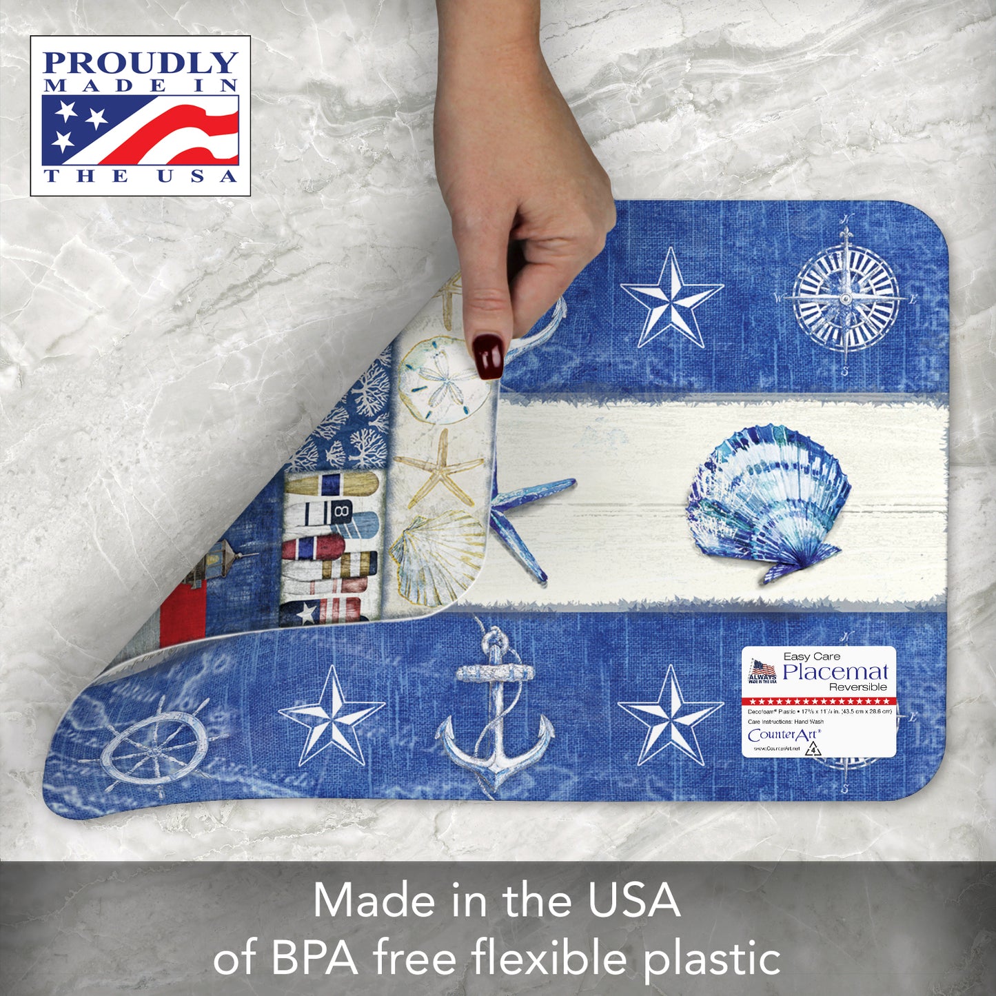 CounterArt Nautical Fragments 4 Pack Reversible Easy Care Flexible Placemats Made in the USA