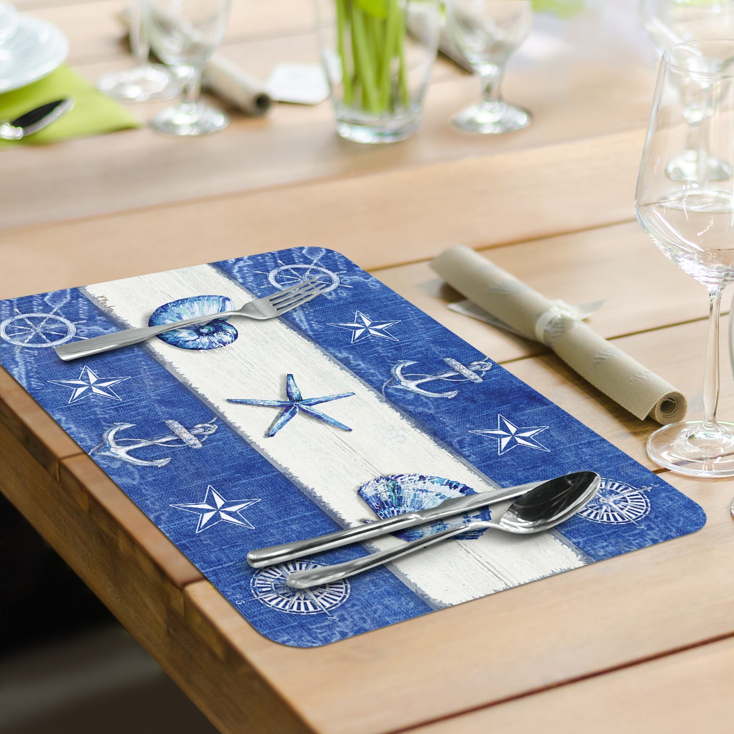 CounterArt Nautical Fragments 4 Pack Reversible Easy Care Flexible Placemats Made in the USA