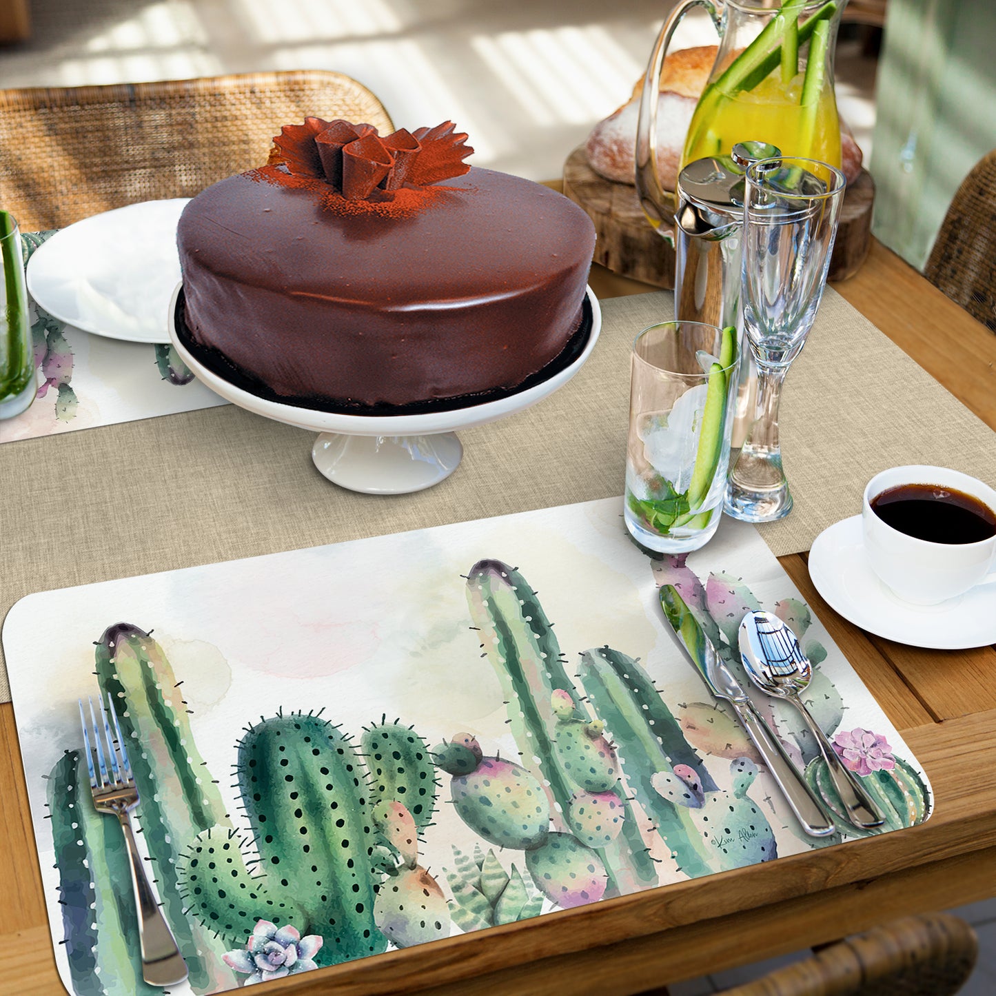 CounterArt Watercolor Cacti 4 Pack Reversible Easy Care Flexible Placemats Made in the USA