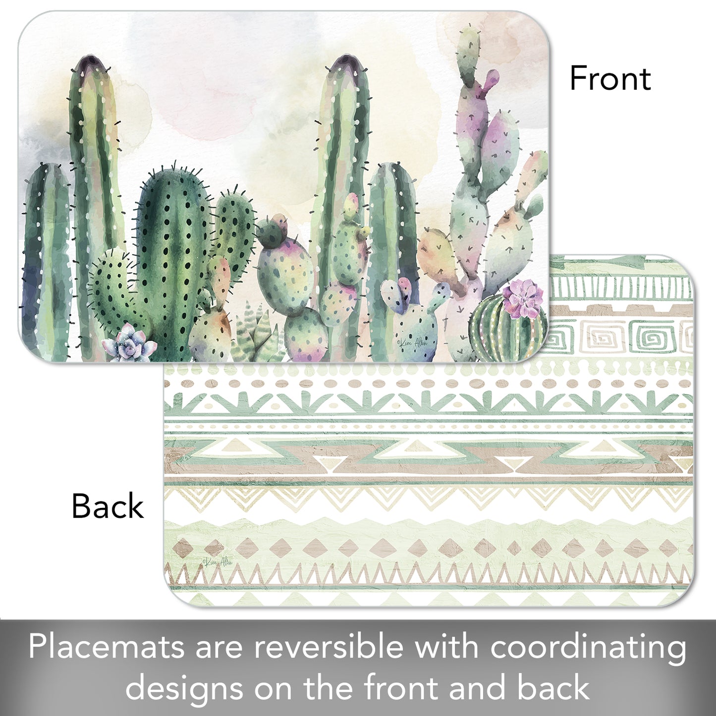 CounterArt Watercolor Cacti 4 Pack Reversible Easy Care Flexible Placemats Made in the USA