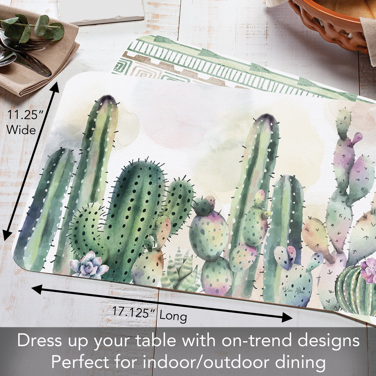 CounterArt Watercolor Cacti 4 Pack Reversible Easy Care Flexible Placemats Made in the USA