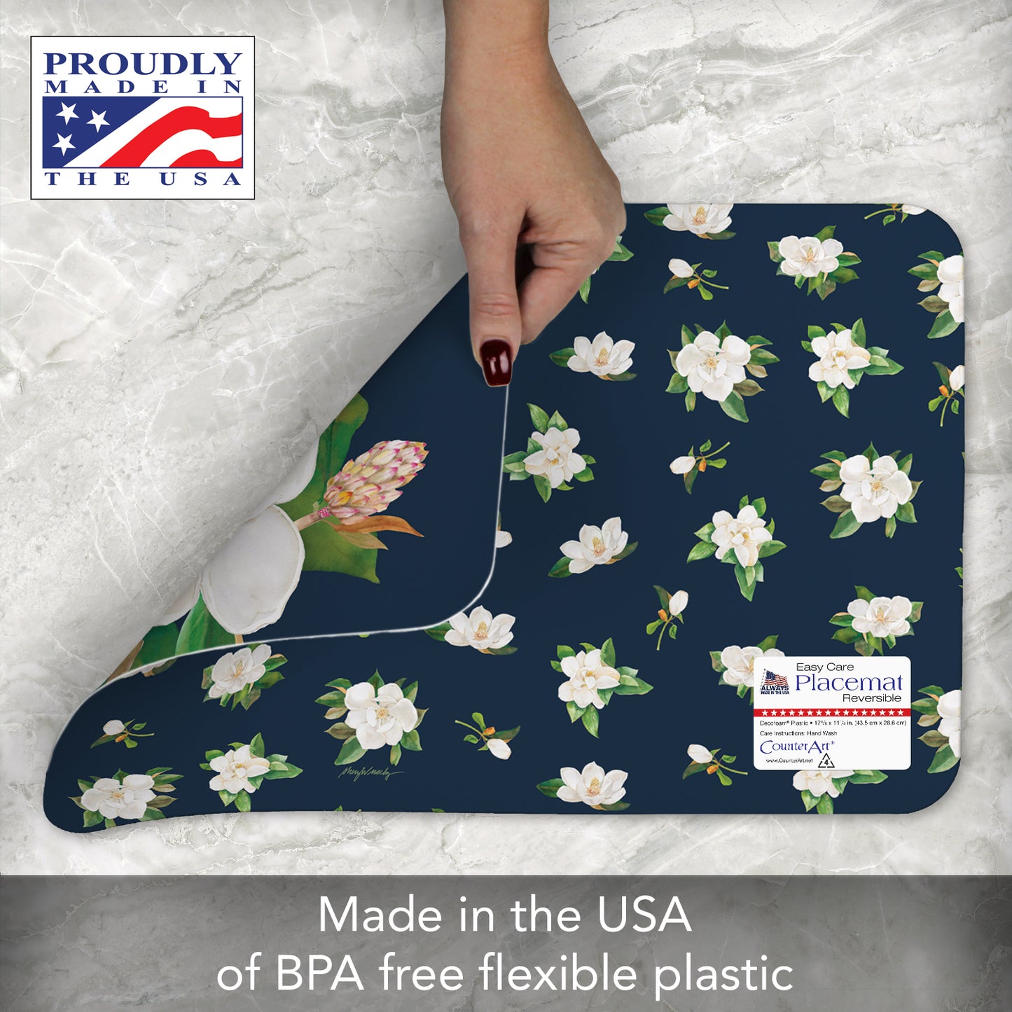 CounterArt Magnolia in Bloom 4 Pack Reversible Easy Care Flexible Placemats Made in the USA