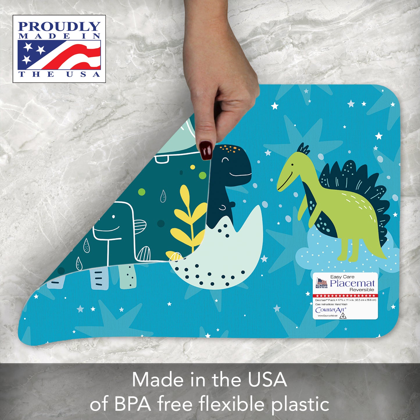 CounterArt 4 Pack Kids Dinosaur Reversible Easy Care Flexible Placemats Made in the USA