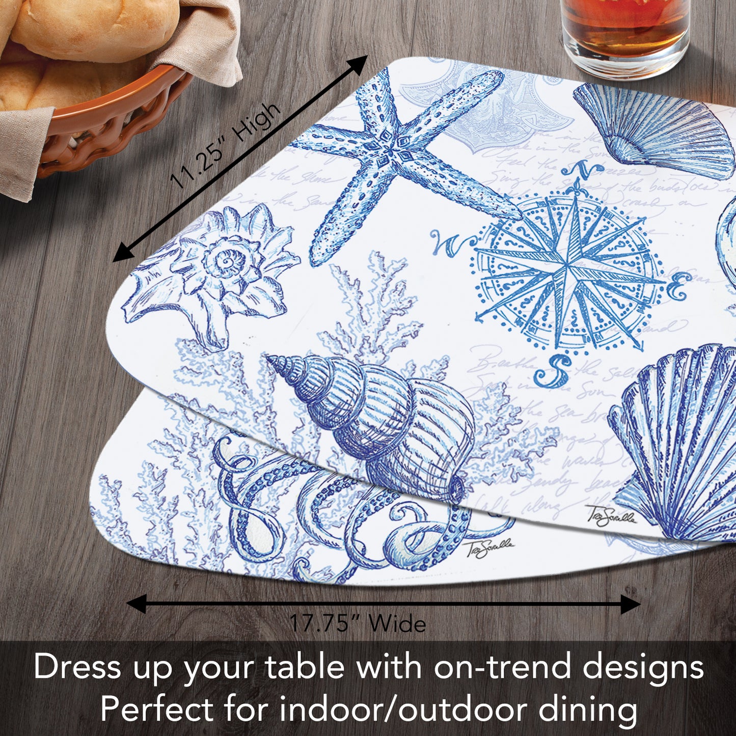 CounterArt Coastal Sketch 4 Pack Wedge Shaped Reversible Easy Care Placemats Made in the USA