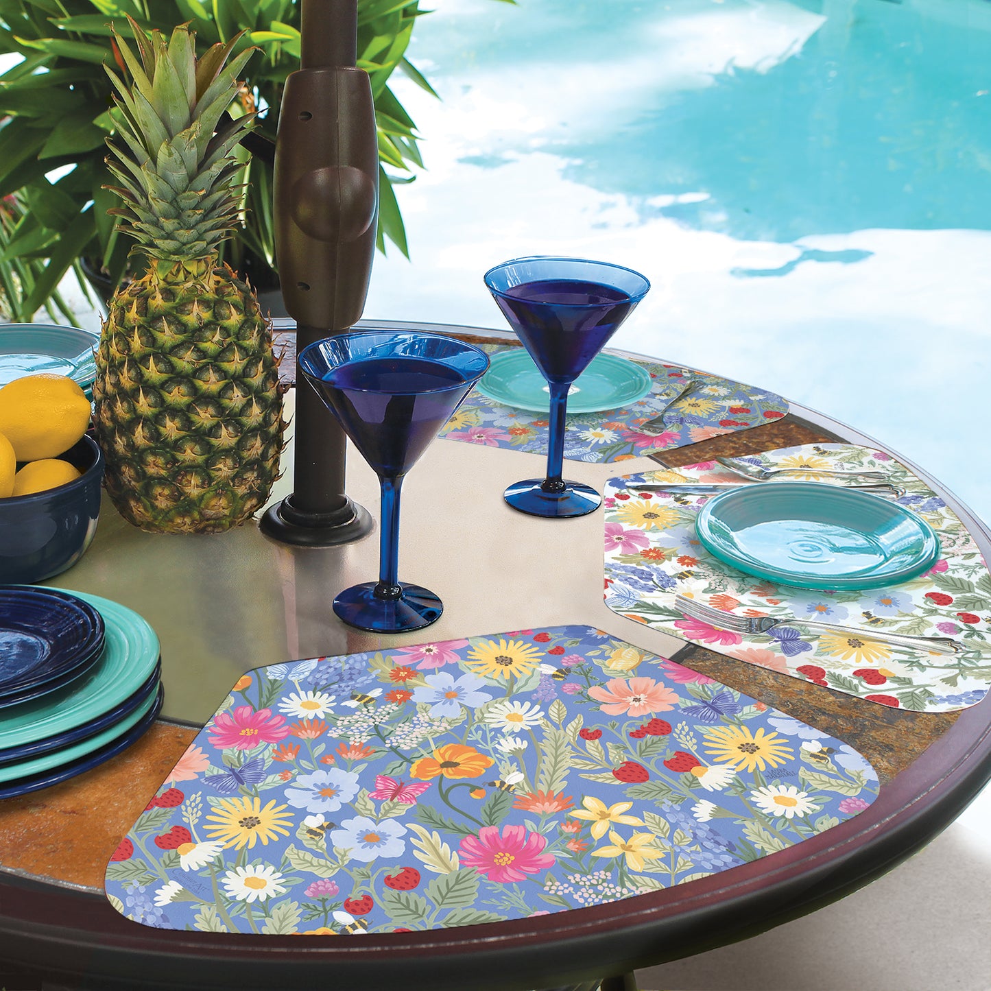 CounterArt Meadow Floral 4 Pack Wedge Shaped Reversible Easy Care Flexible Placemat Made in the USA 17.75" x 11.25"