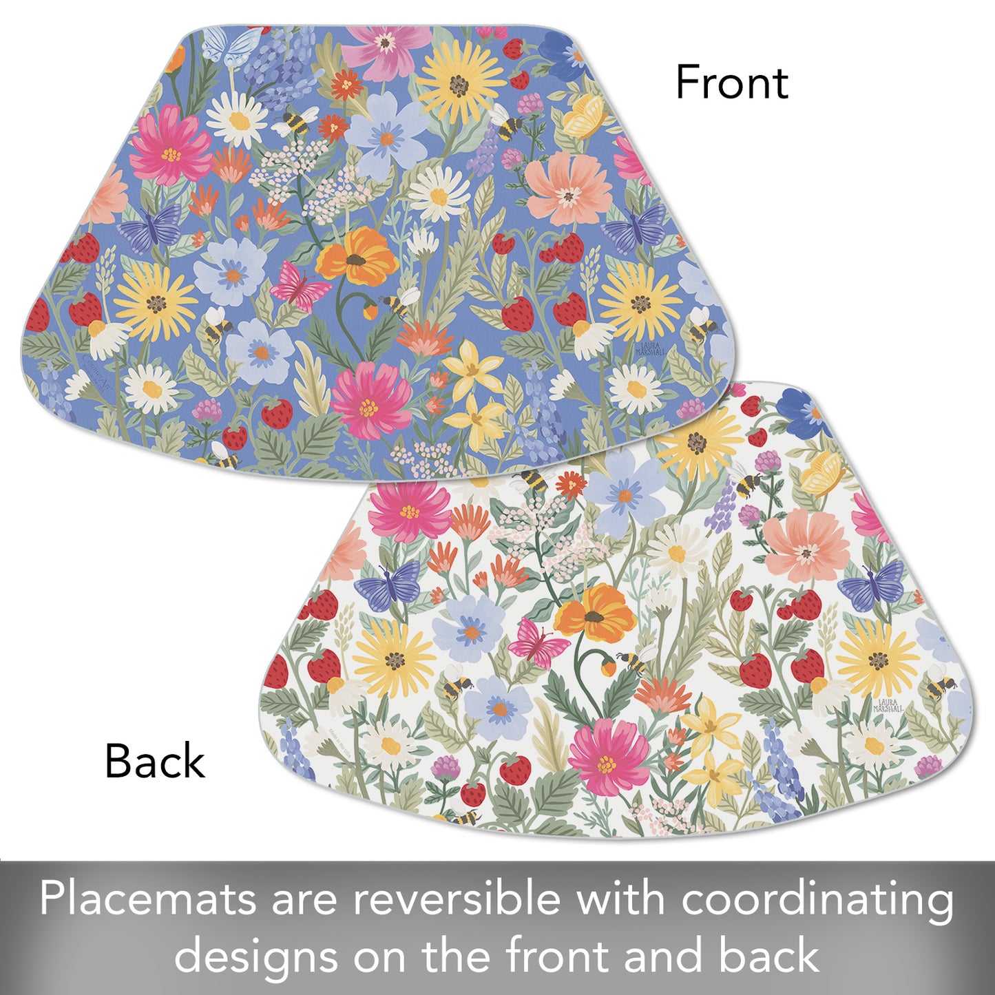CounterArt Meadow Floral 4 Pack Wedge Shaped Reversible Easy Care Flexible Placemat Made in the USA 17.75" x 11.25"