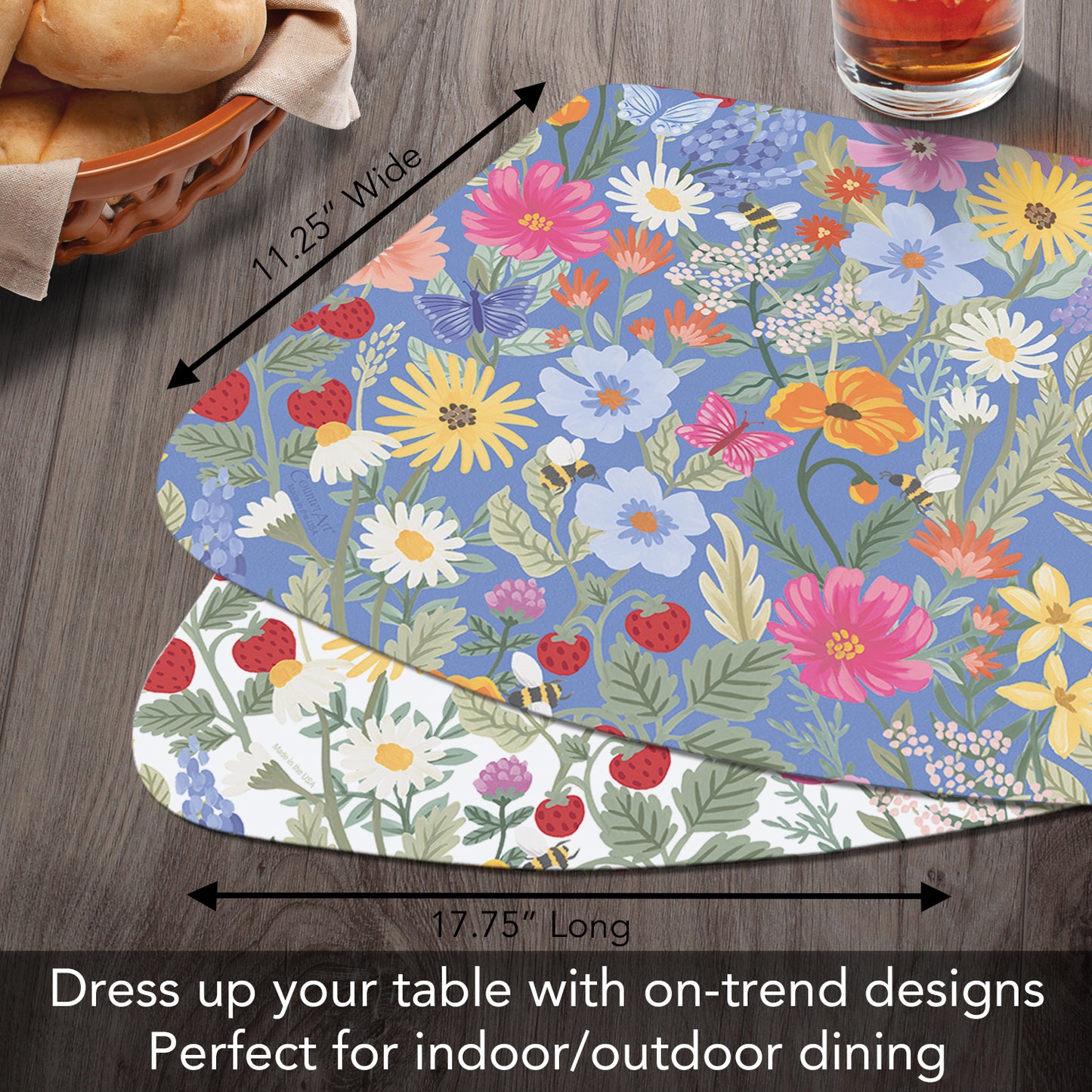 CounterArt Meadow Floral 4 Pack Wedge Shaped Reversible Easy Care Flexible Placemat Made in the USA 17.75" x 11.25"