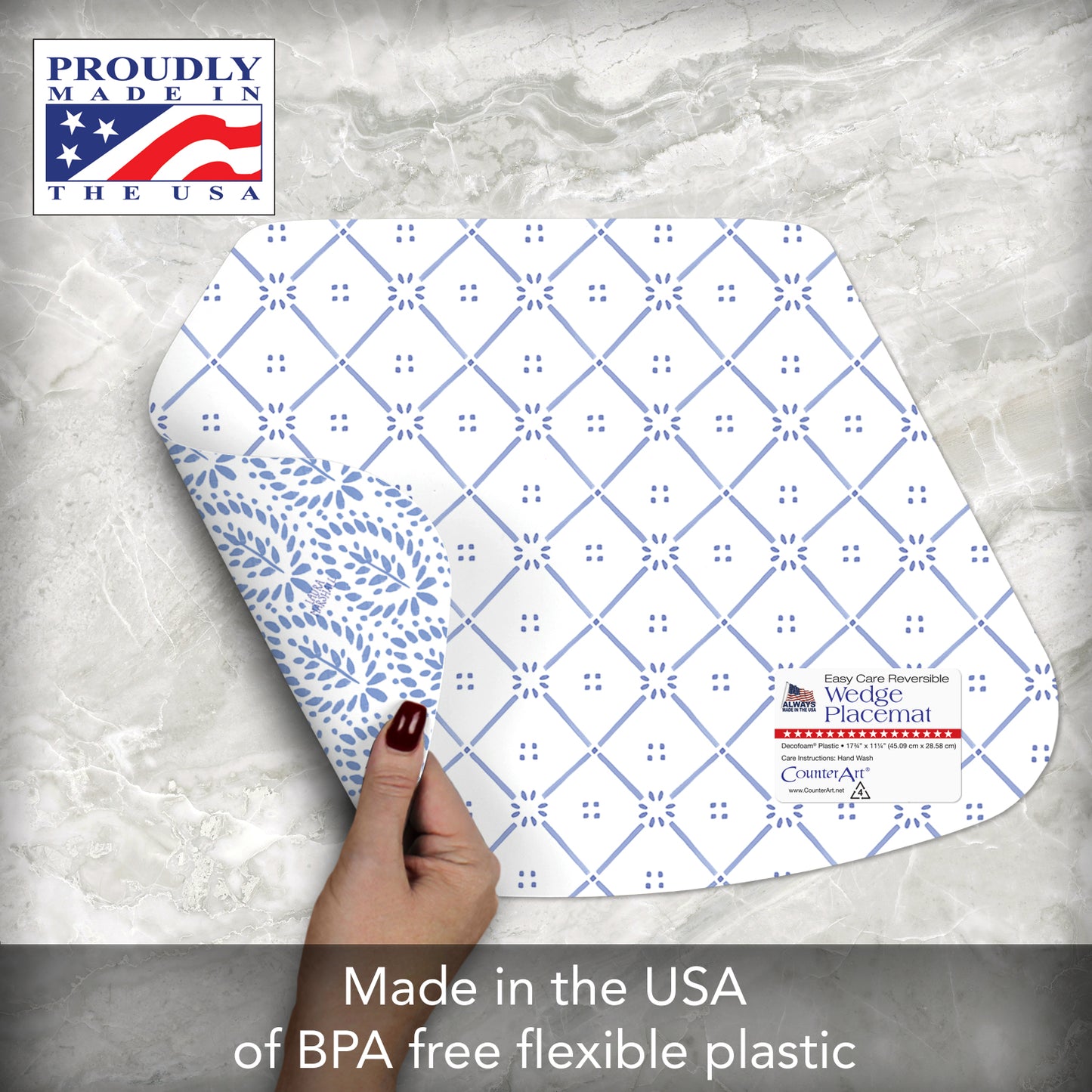 CounterArt Blue Tile Pattern 4 Pack Wedge Shaped Reversible Easy Care Placemats Made in the USA