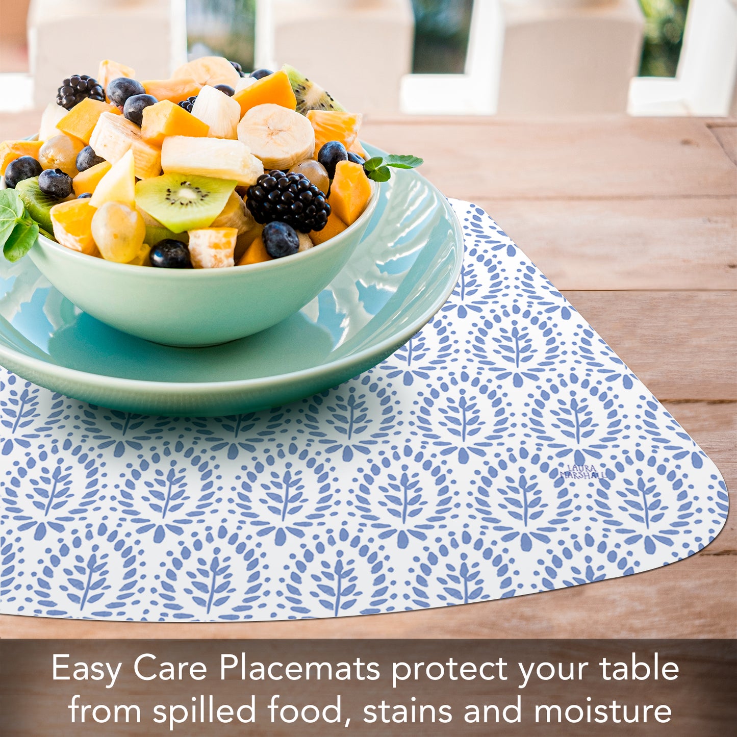 CounterArt Blue Tile Pattern 4 Pack Wedge Shaped Reversible Easy Care Placemats Made in the USA