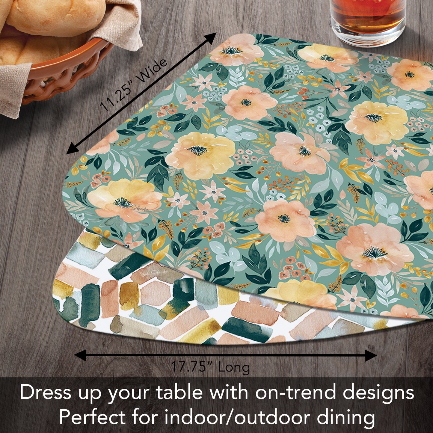 CounterArt Modern Floral 4 Pack Wedge Shaped Reversible Easy Care Placemats Made in the USA