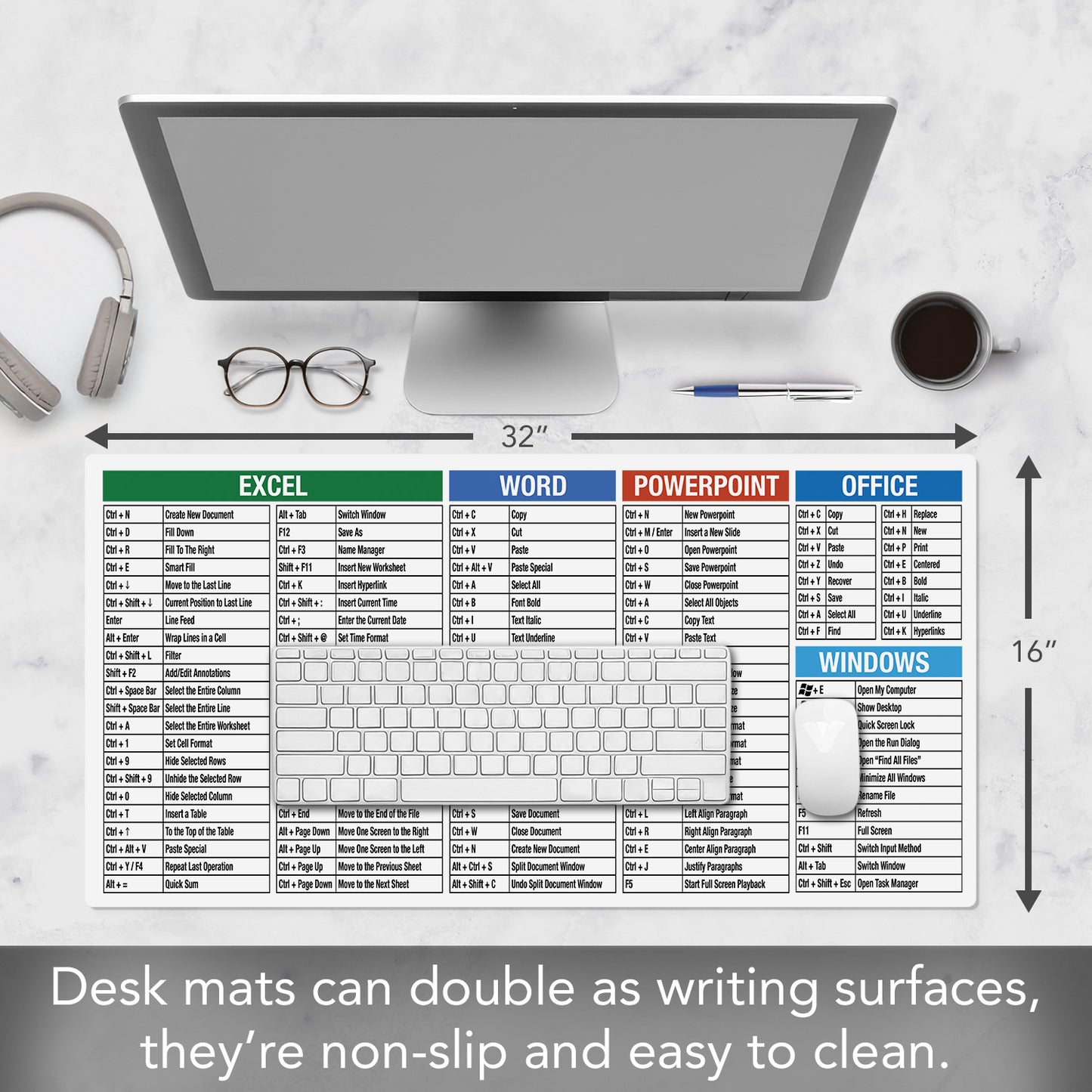 CounterArt Large Waterproof Desk Protector-Office-Windows Cheat Sheet 32” x 16” Made in The USA Desk Mat Office Mat Large Mouse Pad