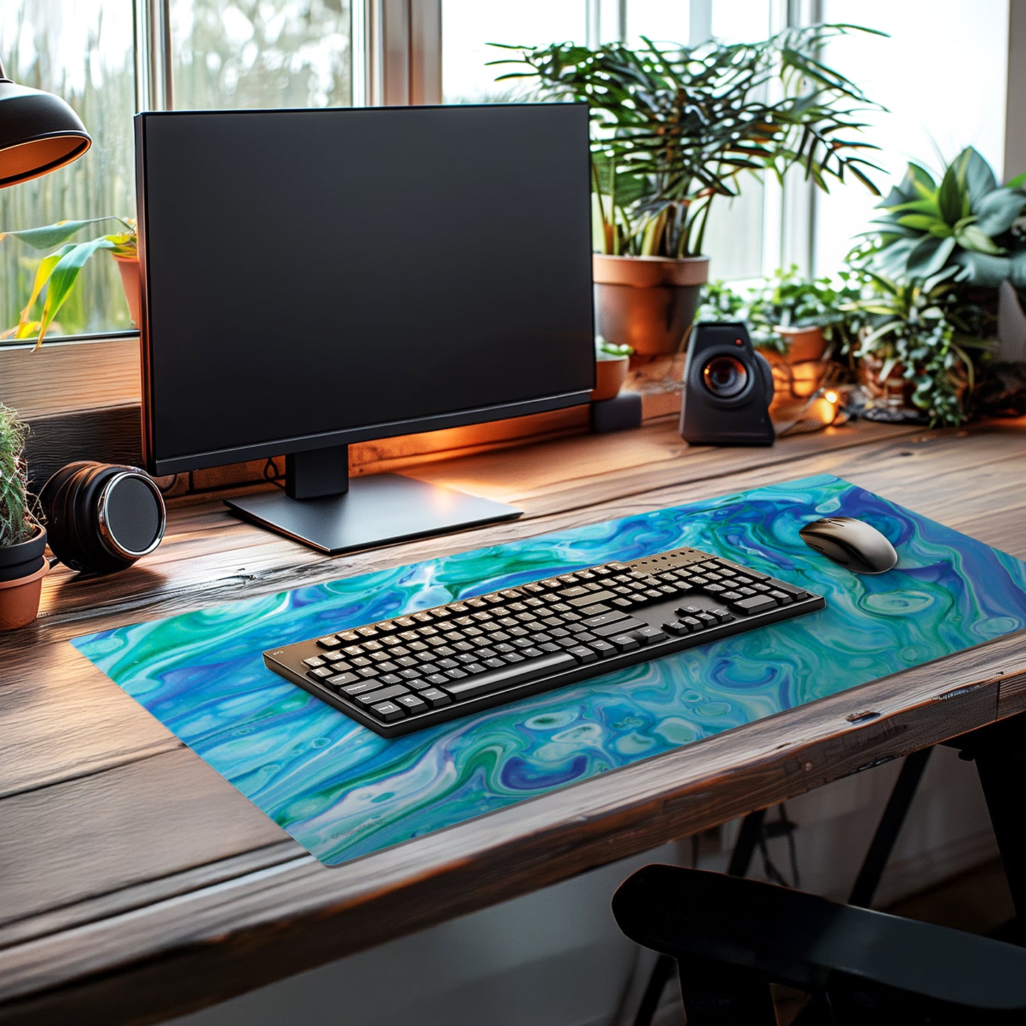 CounterArt Blue Fluidity Large Waterproof Desk Protector 32” x 16” Made in The USA Desk Mat Office Mat Large Mouse Pad