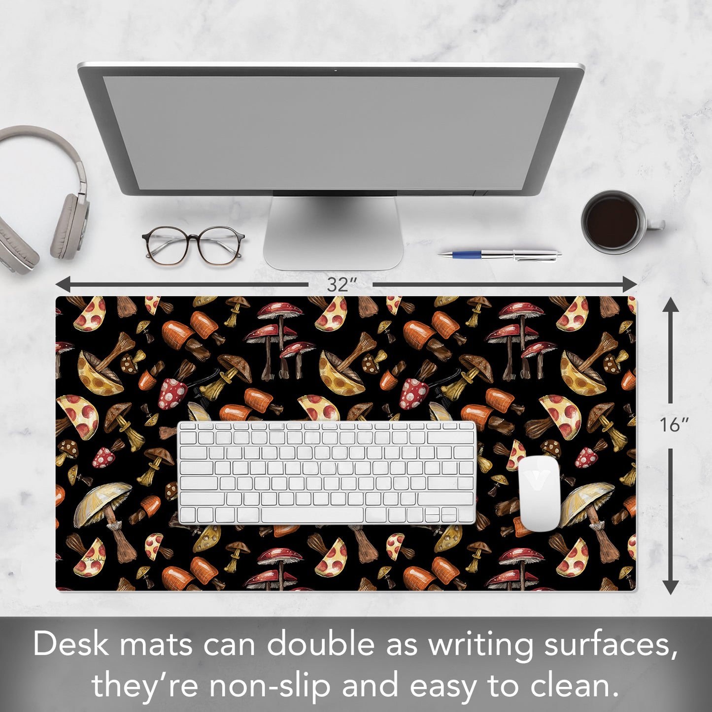 CounterArt Mushroom Madness Large Waterproof Desk Protector 32” x 16” Made in The USA Desk Mat Office Mat Large Mouse Pad