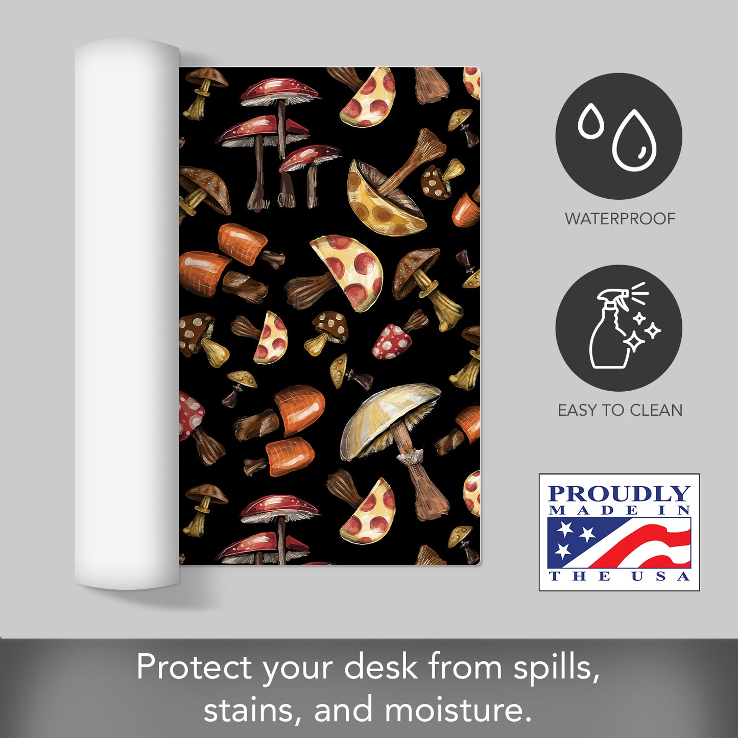 CounterArt Mushroom Madness Large Waterproof Desk Protector 32” x 16” Made in The USA Desk Mat Office Mat Large Mouse Pad