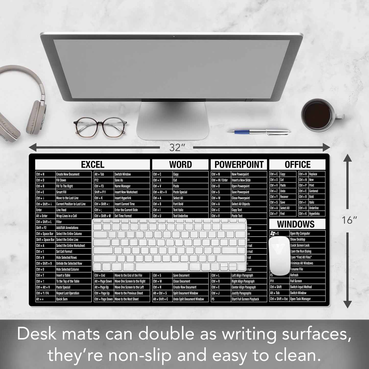 CounterArt Black & White Large Waterproof Desk Protector with Office Windows Function Cheat Sheet 32” x 16” Made in The USA Desk Mat Office Mat Large Mouse Pad