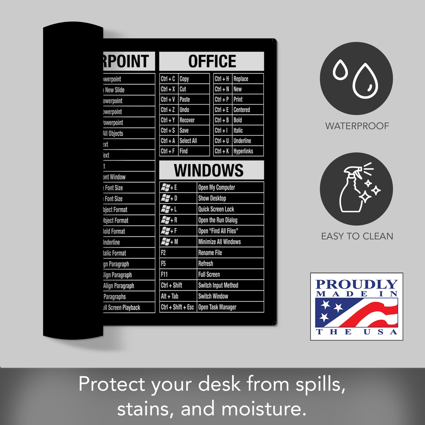 CounterArt Black & White Large Waterproof Desk Protector with Office Windows Function Cheat Sheet 32” x 16” Made in The USA Desk Mat Office Mat Large Mouse Pad
