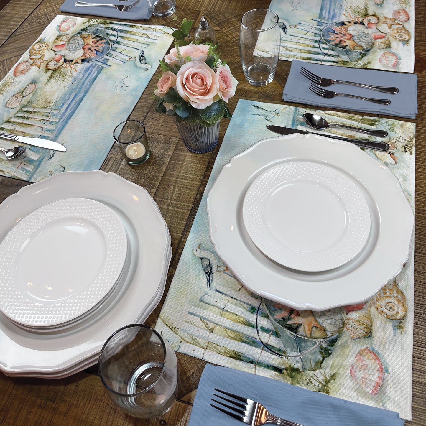 Highland Home Coastal Sanctuary 4 Pack Poly-Cotton Blend Fabric Placemats 18" x 12" Manufactured in The USA