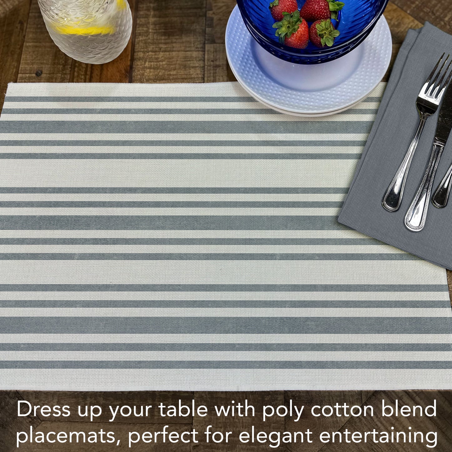 Highland Home Farmhouse Stripe 4 Pack Poly-Cotton Blend Fabric Placemats 18" x 12" Manufactured in The USA