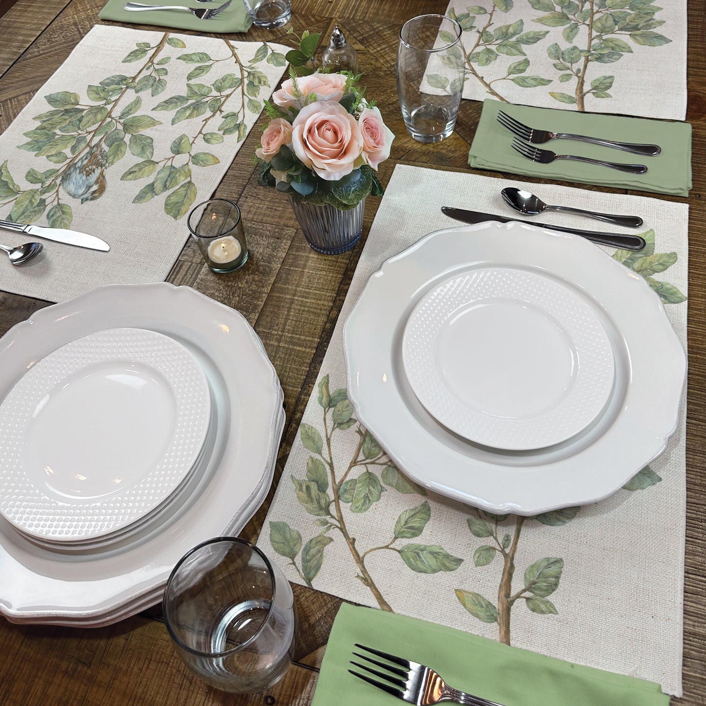 Highland Home Bird On A Branch 4 Pack Poly-Cotton Blend Fabric Placemats 18" x 12" Manufactured in The USA