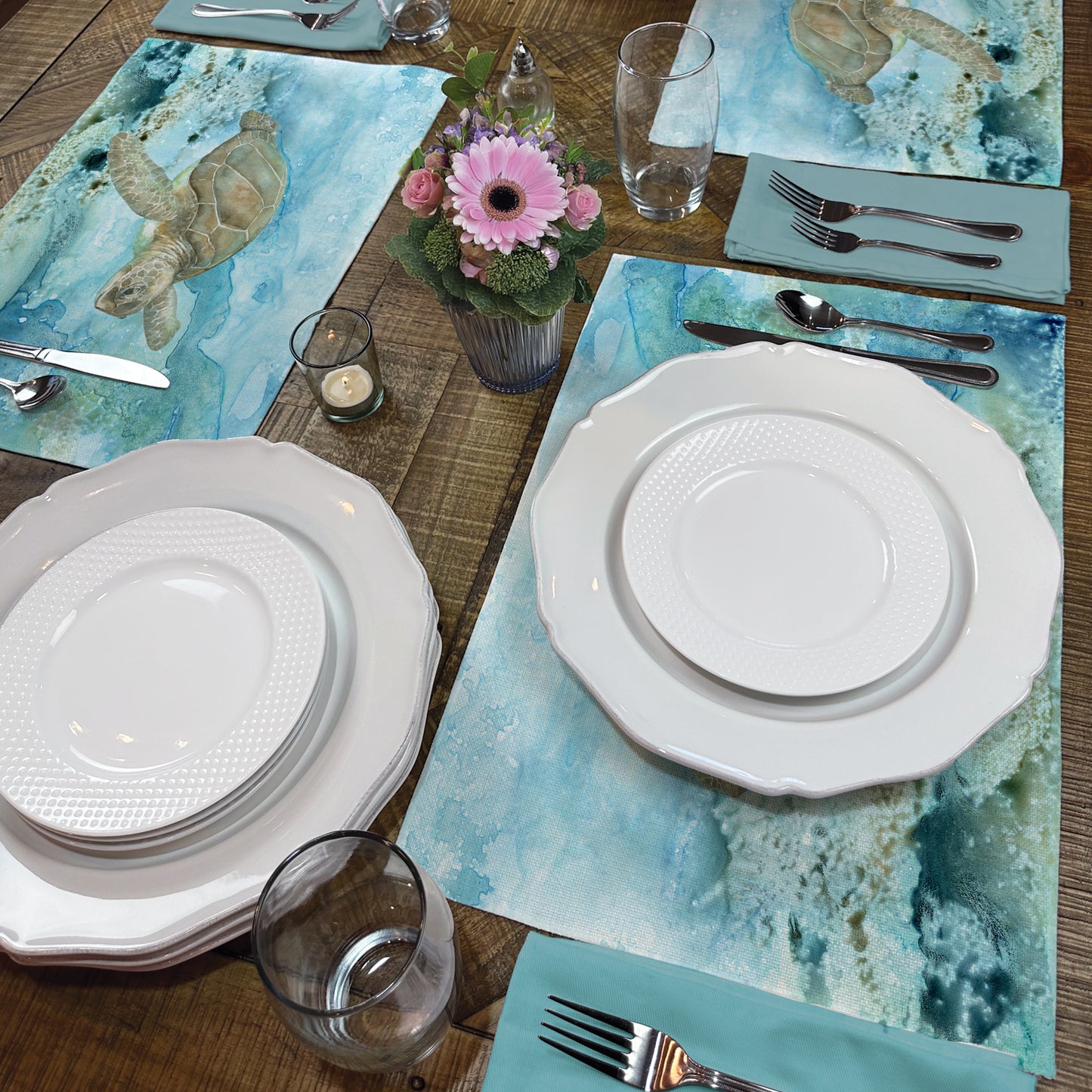 Highland Home Under Sea Turtle 4 Pack Poly-Cotton Blend Fabric Placemats 18" x 12" Manufactured in The USA