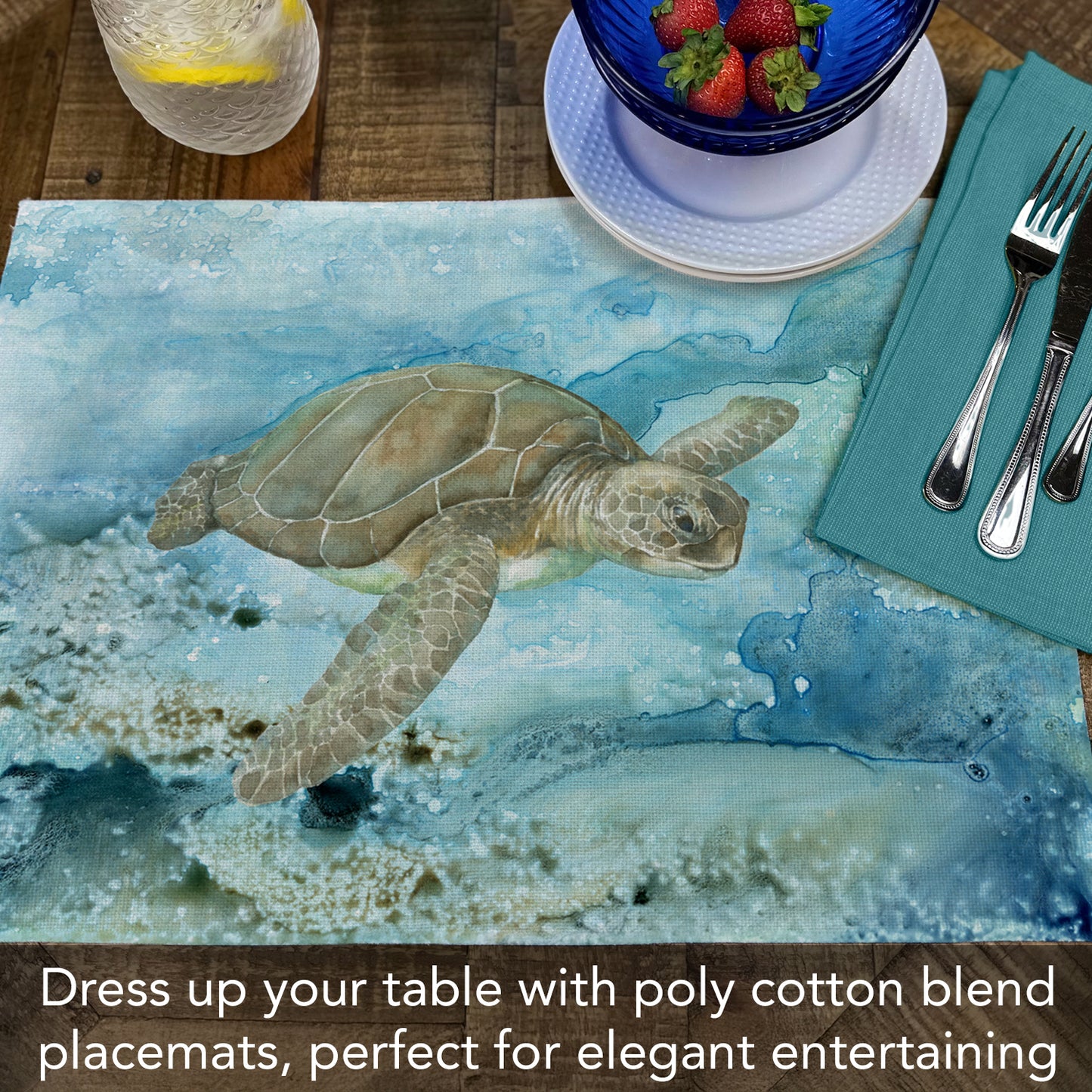 Highland Home Under Sea Turtle 4 Pack Poly-Cotton Blend Fabric Placemats 18" x 12" Manufactured in The USA