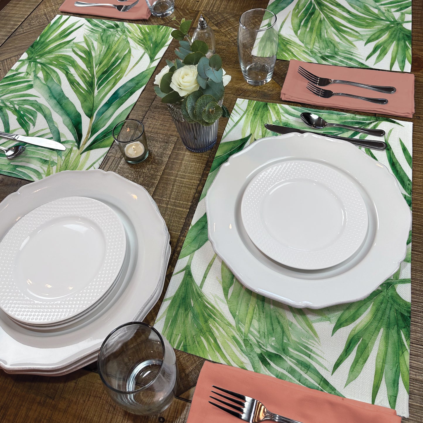 Highland Home Tropical Green 4 Pack Poly-Cotton Blend Fabric Placemats 18" x 12" Manufactured in The USA