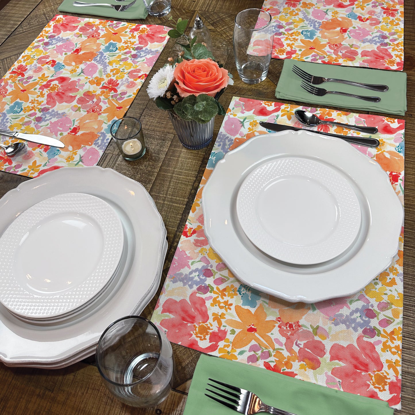 Highland Home Bright Floral 4 Pack Poly-Cotton Blend Fabric Placemats 18" x 12" Manufactured in The USA