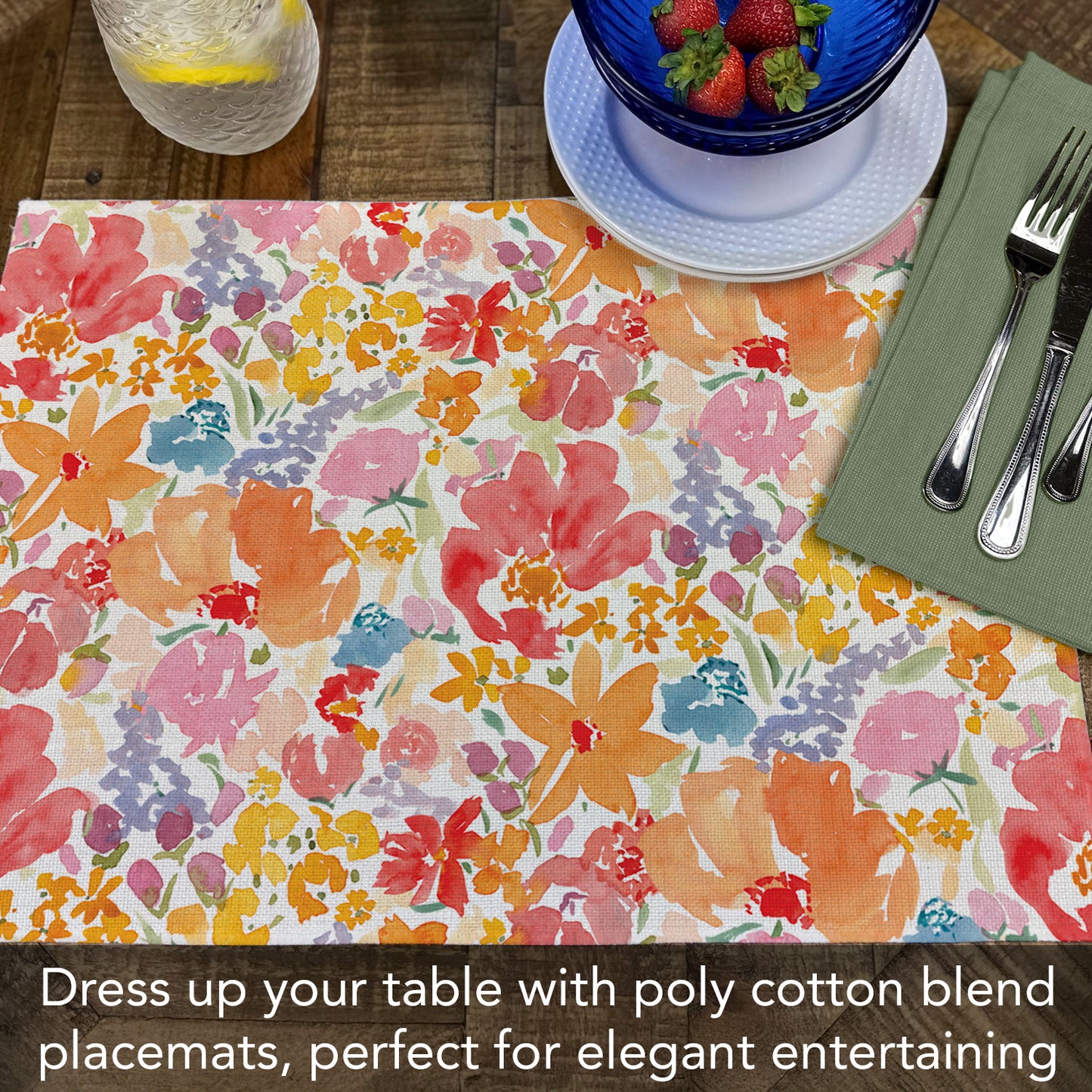 Highland Home Bright Floral 4 Pack Poly-Cotton Blend Fabric Placemats 18" x 12" Manufactured in The USA
