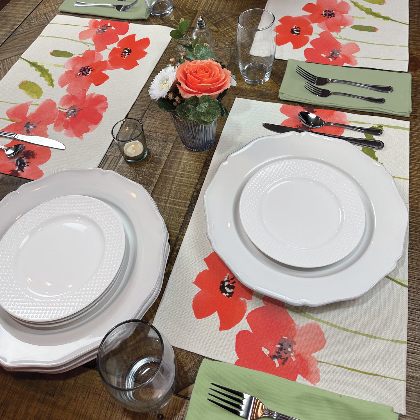 Highland Home 4 Pack Poly-Cotton Blend Fabric Placemats 18" x 12" Manufactured in The USA (Anemone Panel)
