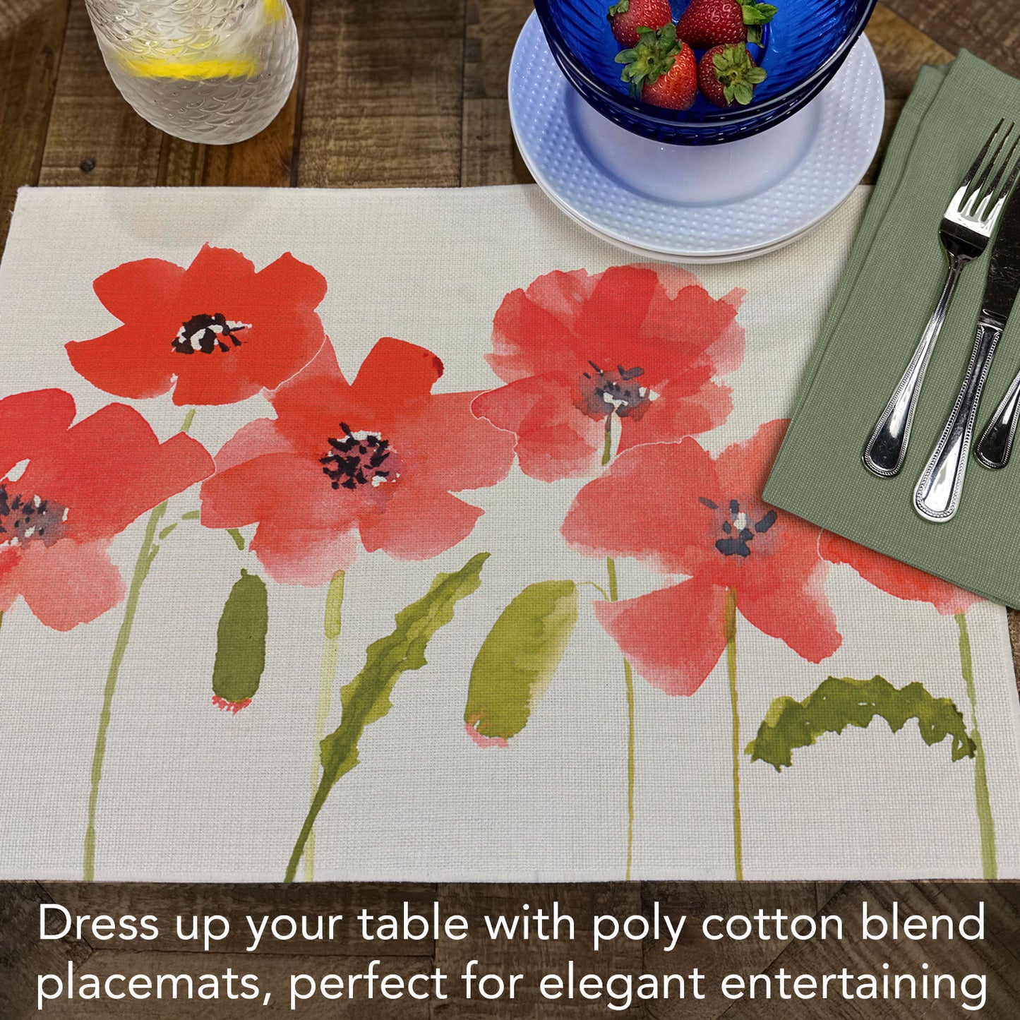 Highland Home 4 Pack Poly-Cotton Blend Fabric Placemats 18" x 12" Manufactured in The USA (Anemone Panel)
