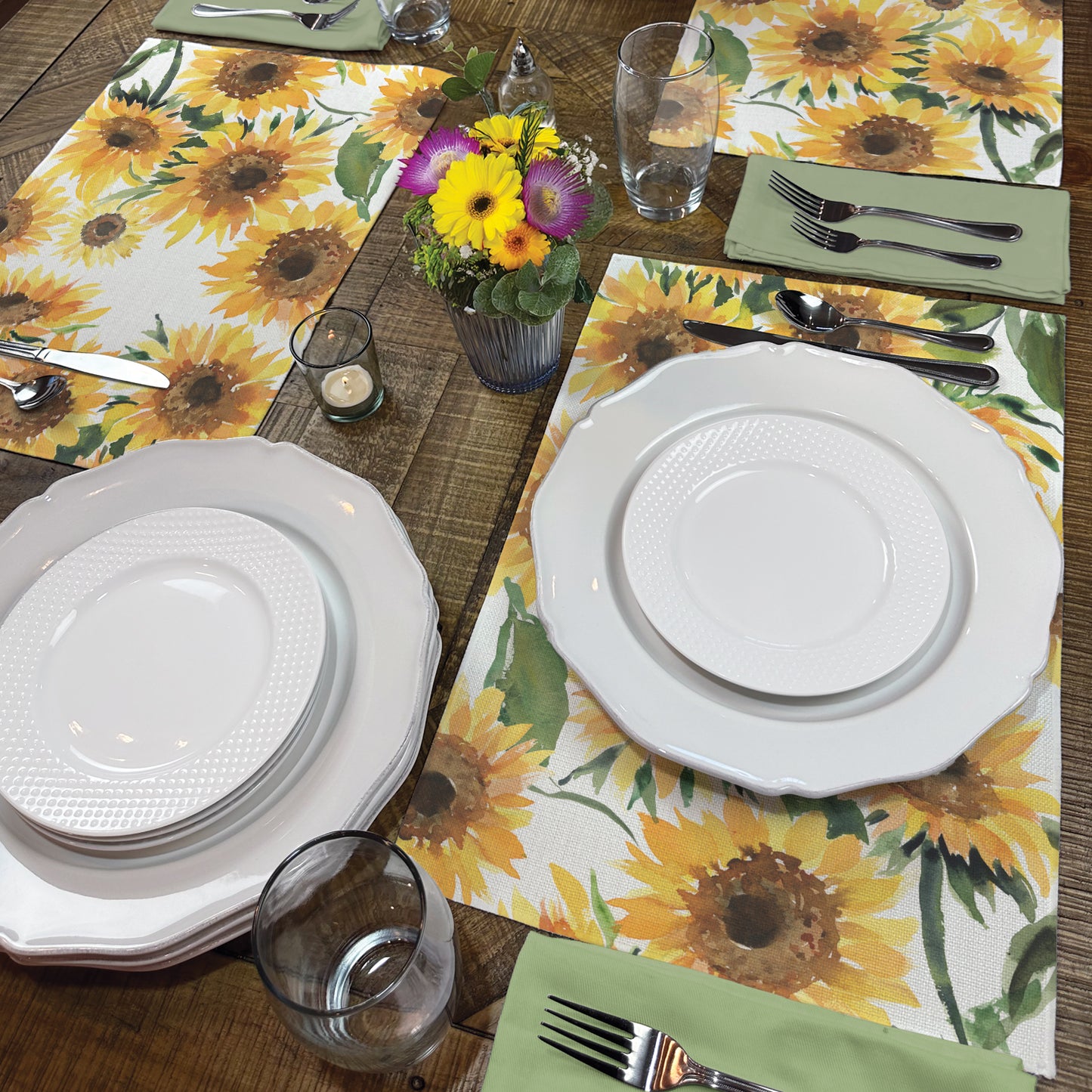 Highland Home Sunflowers 4 Pack Poly-Cotton Blend Fabric Placemats 18" x 12" Manufactured in The USA