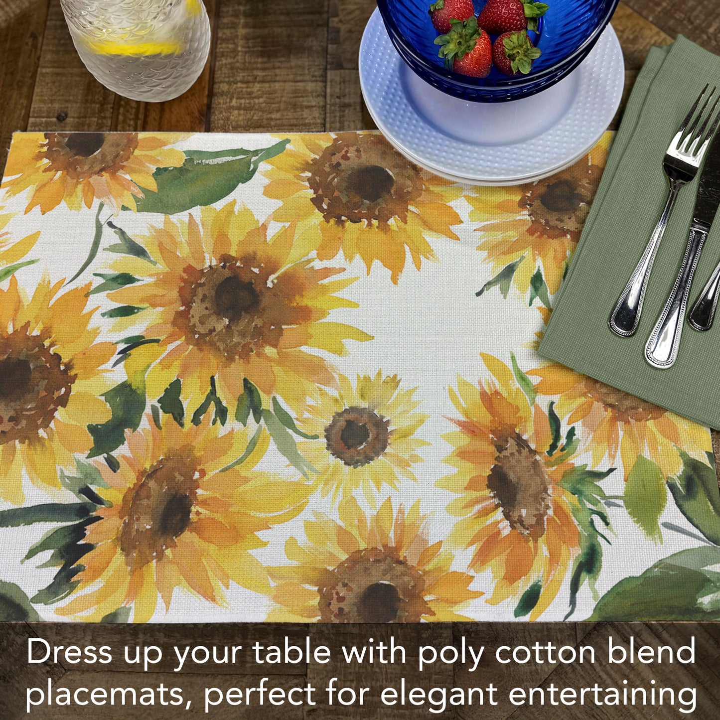 Highland Home Sunflowers 4 Pack Poly-Cotton Blend Fabric Placemats 18" x 12" Manufactured in The USA
