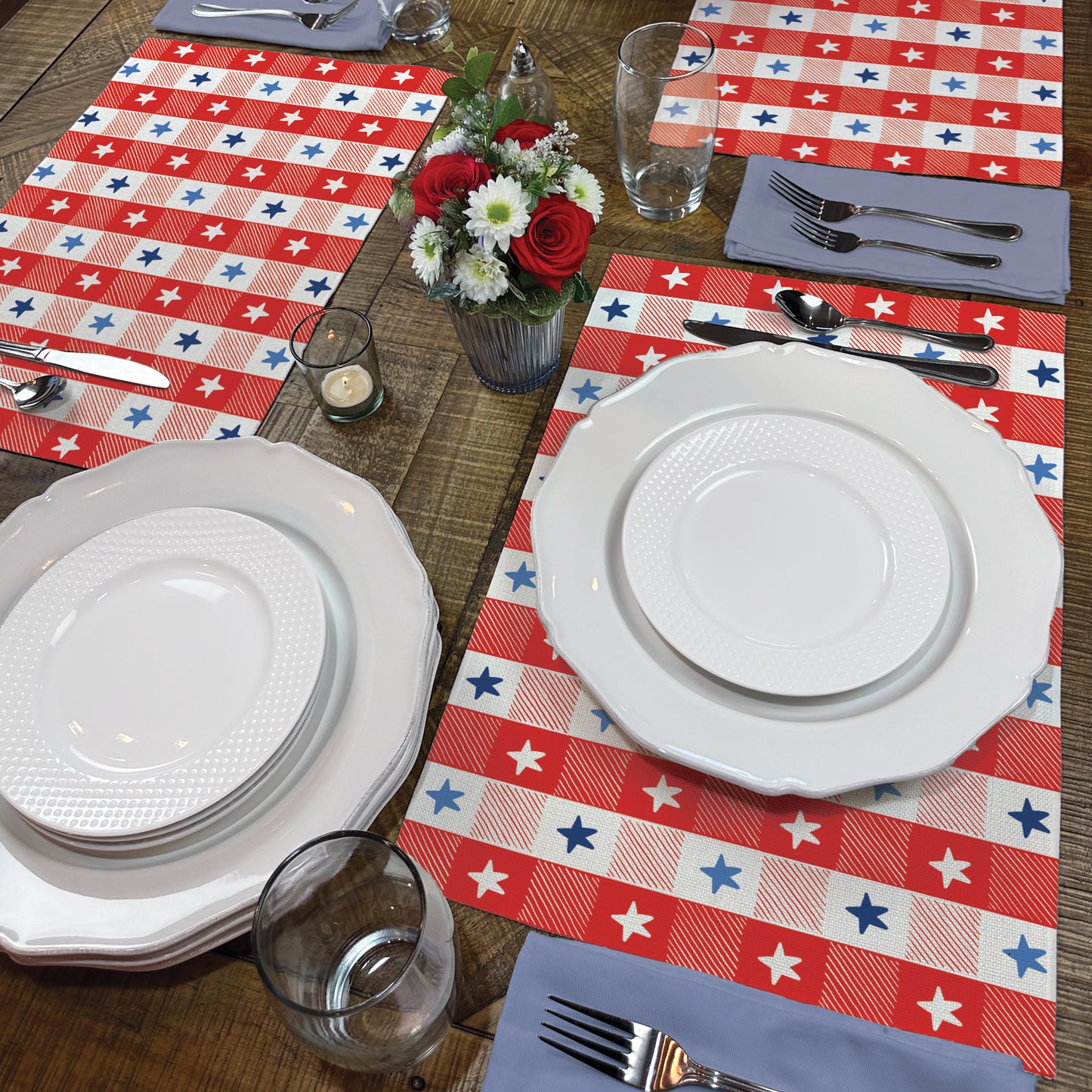 Highland Home Patriotic Picnic 4 Pack Poly-Cotton Blend Fabric Placemats 18" x 12" Manufactured in The USA