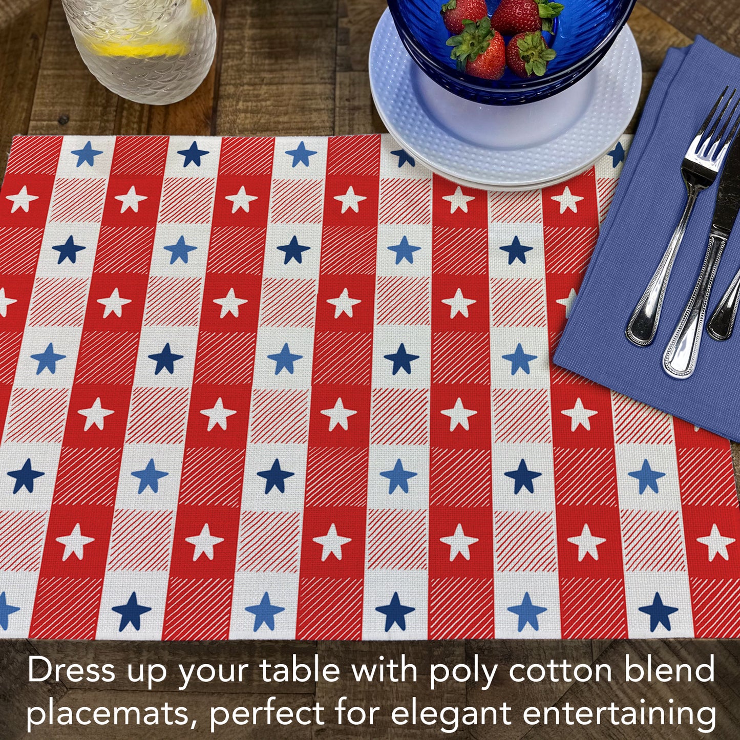 Highland Home Patriotic Picnic 4 Pack Poly-Cotton Blend Fabric Placemats 18" x 12" Manufactured in The USA