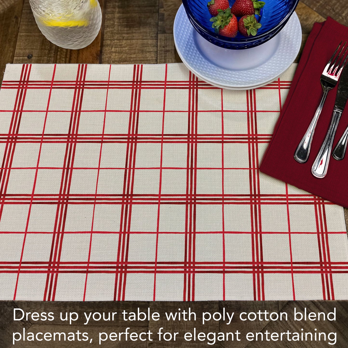 Highland Home Holiday Windowpane 4 Pack Poly-Cotton Blend Fabric Placemats 18" x 12" Manufactured in The USA