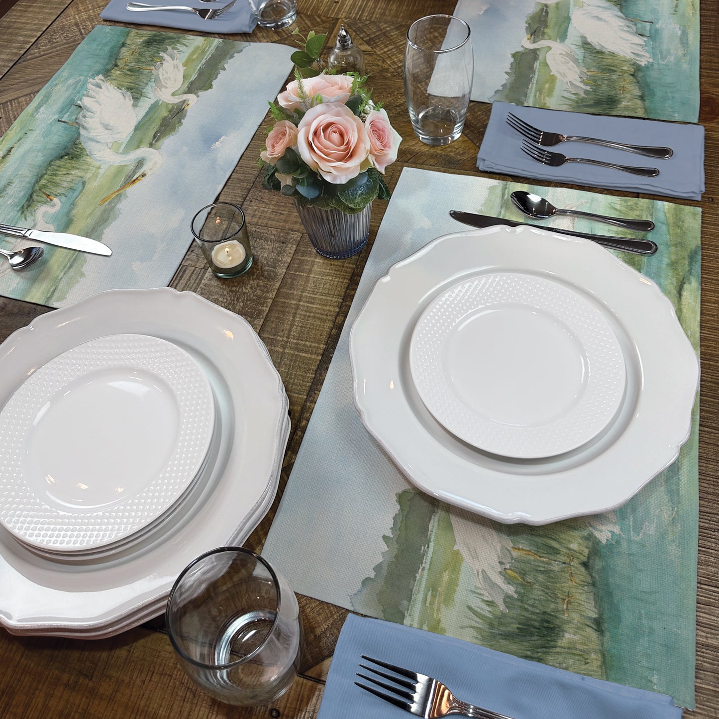 Highland Home Egret Family 4 Pack Premier Poly-Cotton Blend Fabric Placemats 18" x 12" Manufactured in The USA