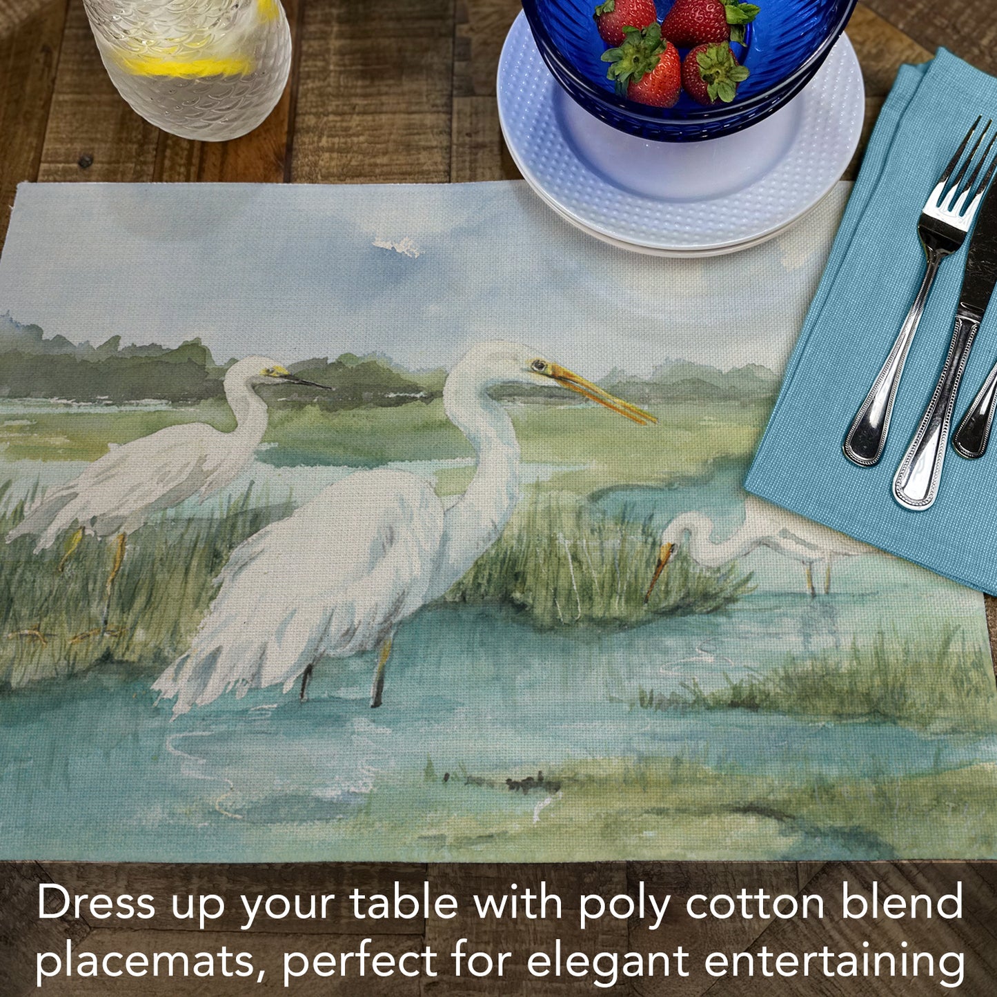 Highland Home Egret Family 4 Pack Premier Poly-Cotton Blend Fabric Placemats 18" x 12" Manufactured in The USA