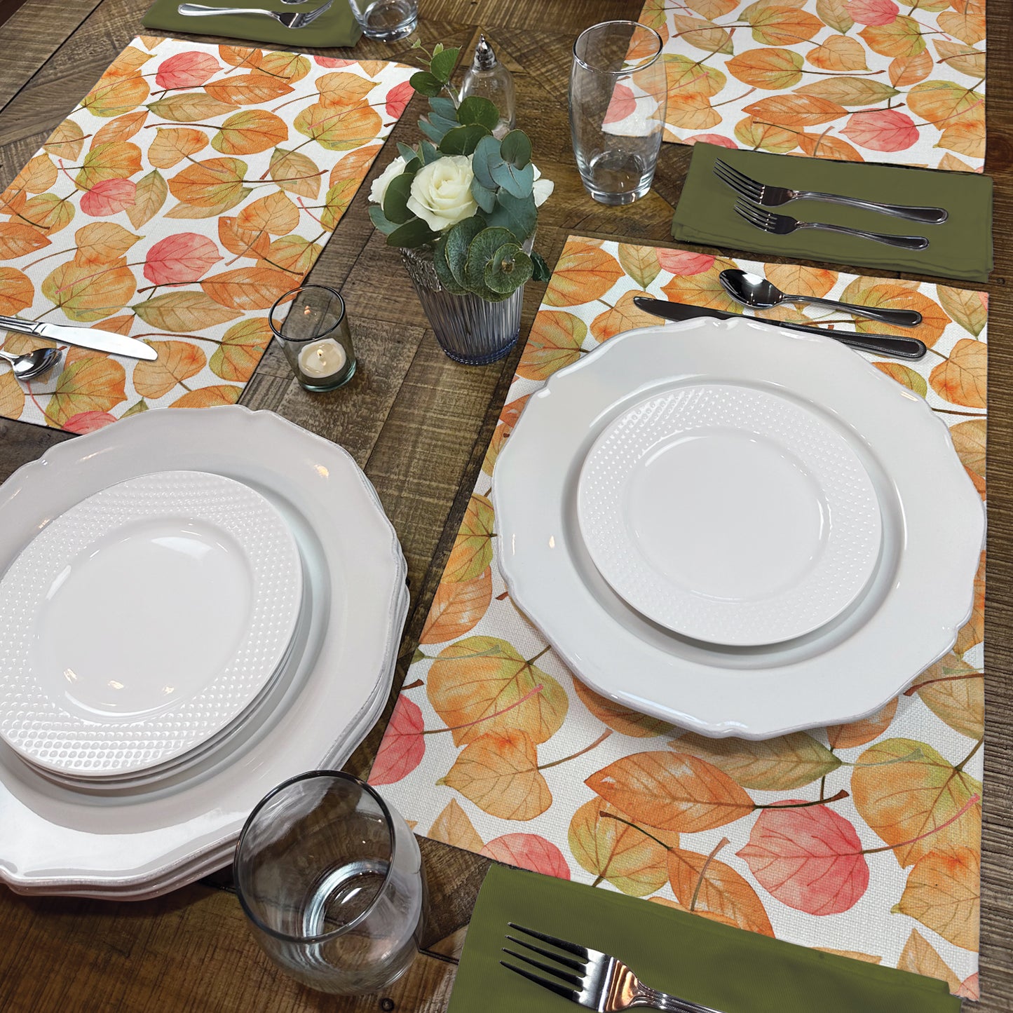Highland Home Falling Leaves 4 Pack Poly-Cotton Blend Fabric Placemats 18" x 12" Manufactured in The USA