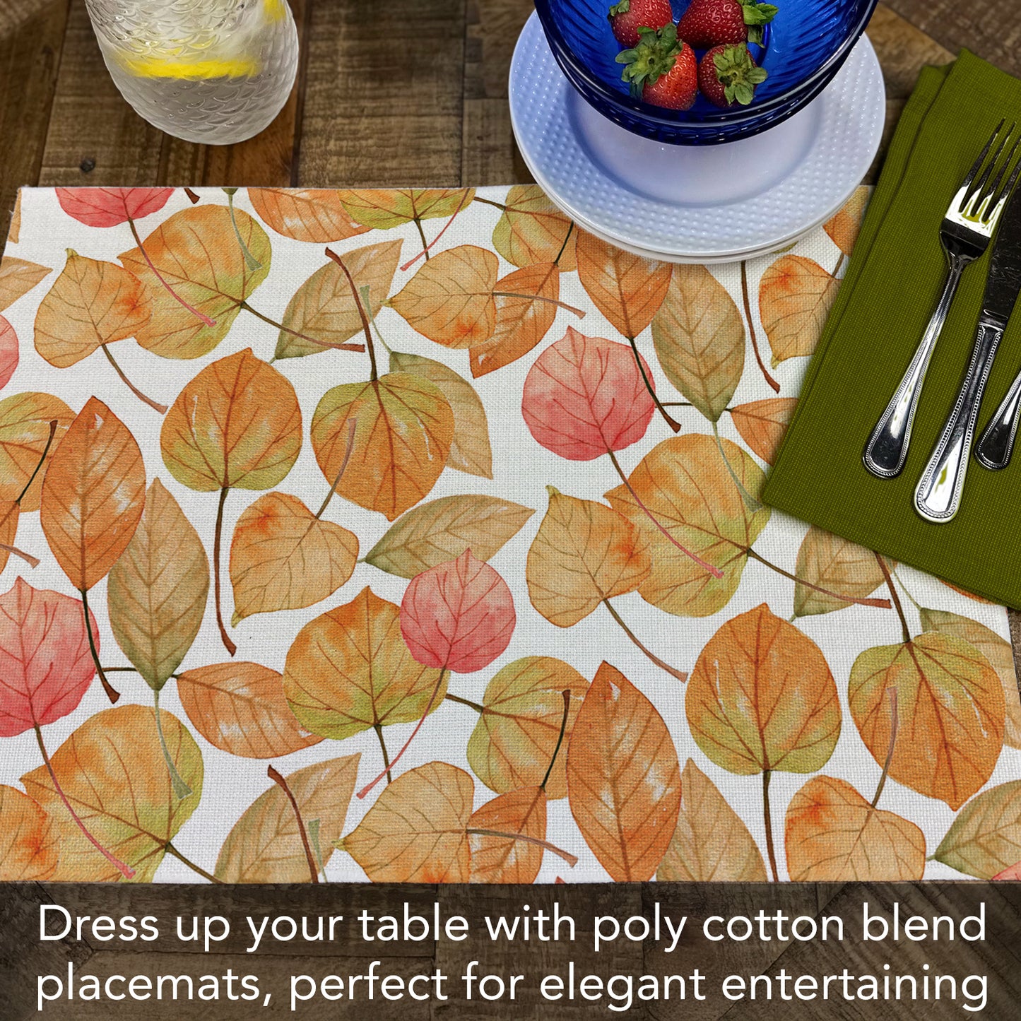 Highland Home Falling Leaves 4 Pack Poly-Cotton Blend Fabric Placemats 18" x 12" Manufactured in The USA