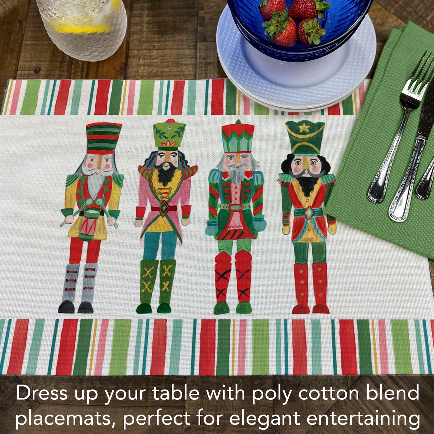 Highland Home Holiday Nutcracker 4 Pack Poly-Cotton Blend Fabric Placemats 18" x 12" Manufactured in The USA
