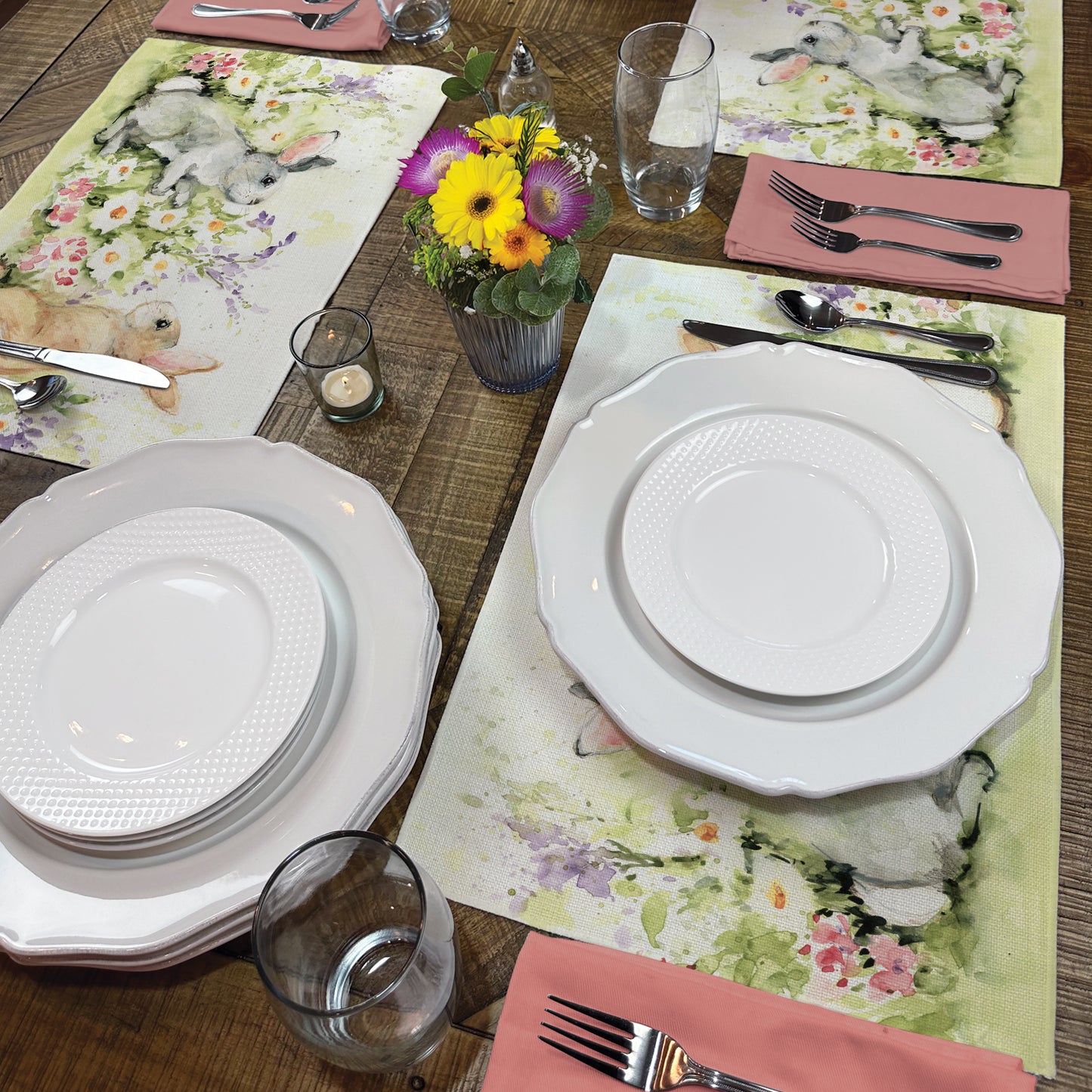 Highland Home Bunny Garden 4 Pack Poly-Cotton Blend Fabric Placemats 18" x 12" Manufactured in The USA