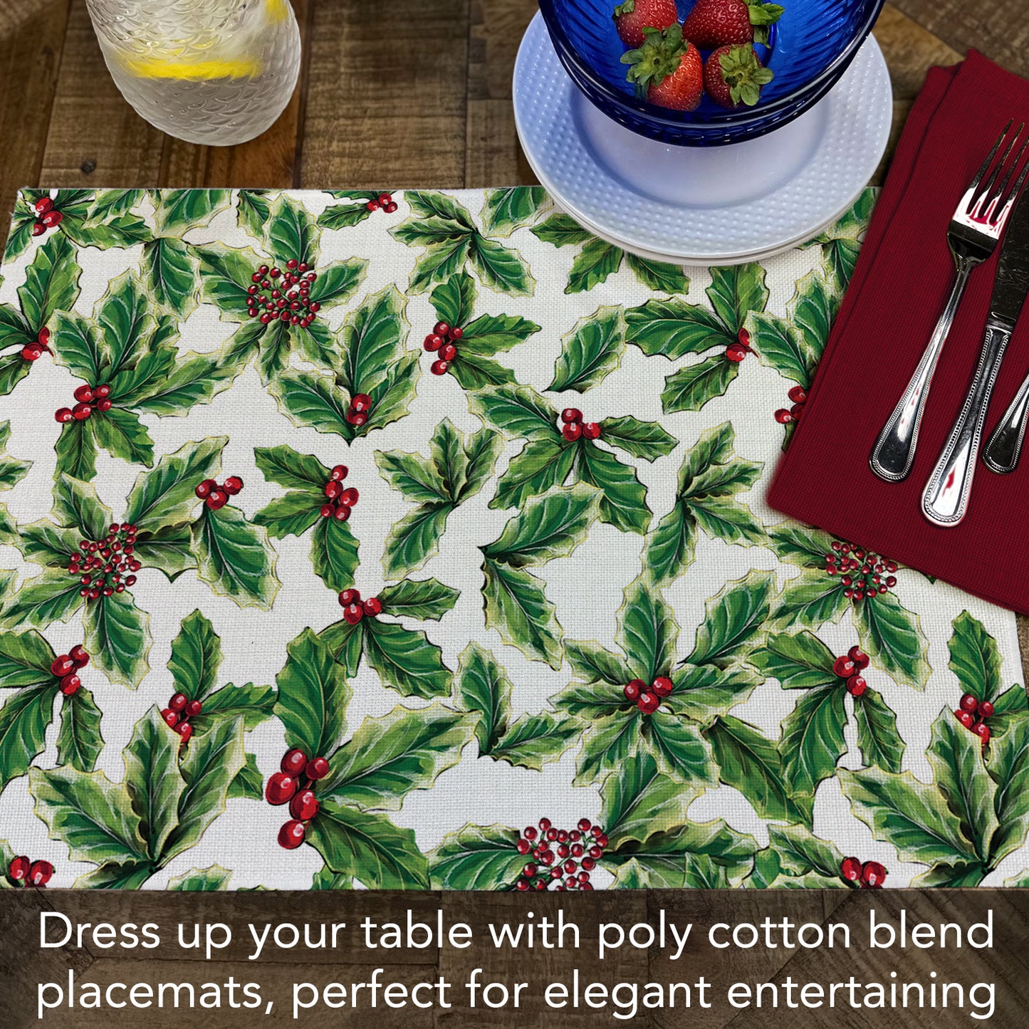 Highland Home Grand Christmas 4 Pack Poly-Cotton Blend Fabric Placemats 18" x 12" Manufactured in The USA