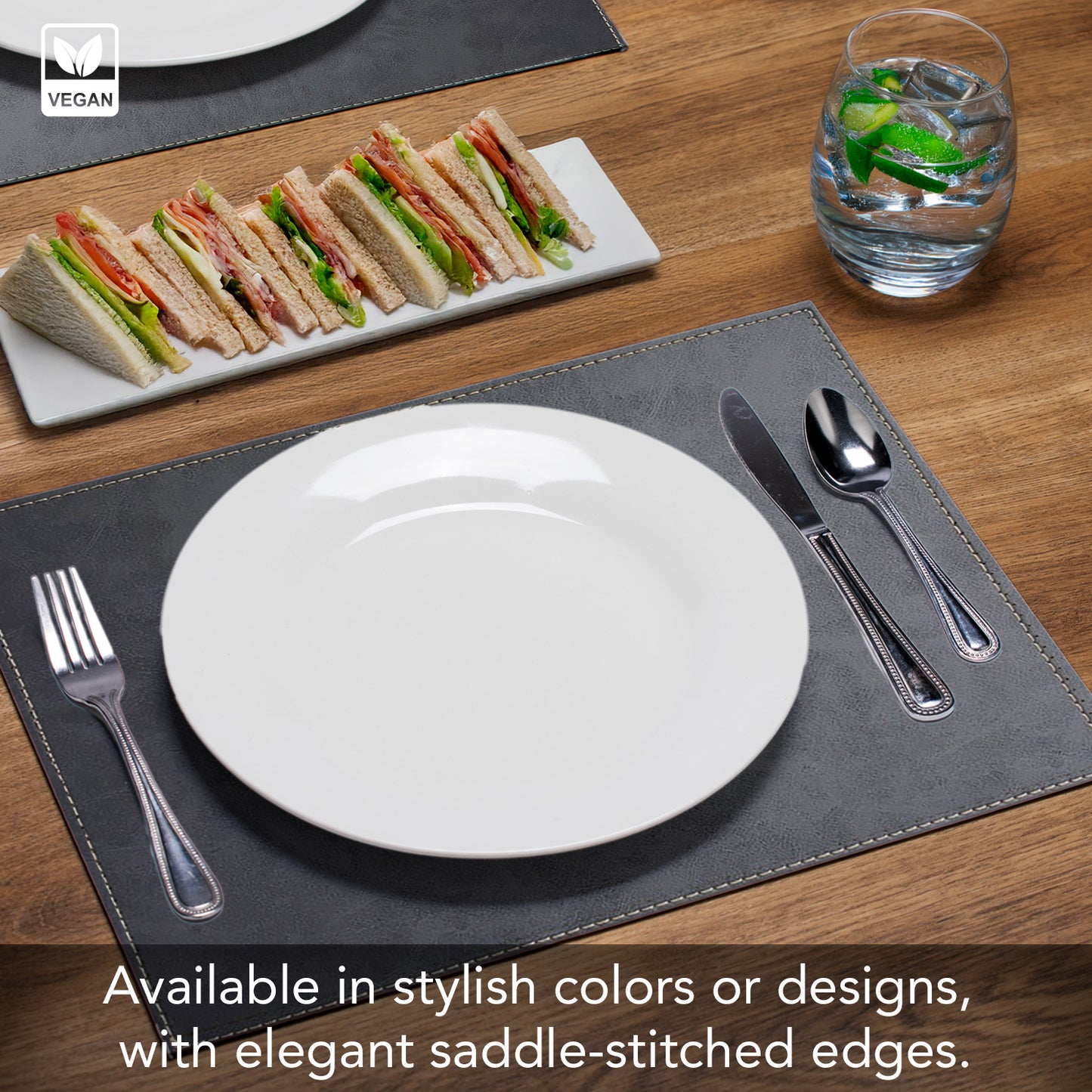 Luxurious Gray Vegan Leather Placemats 4 Pack Look and Feel of Genuine Leather Infused with Copper