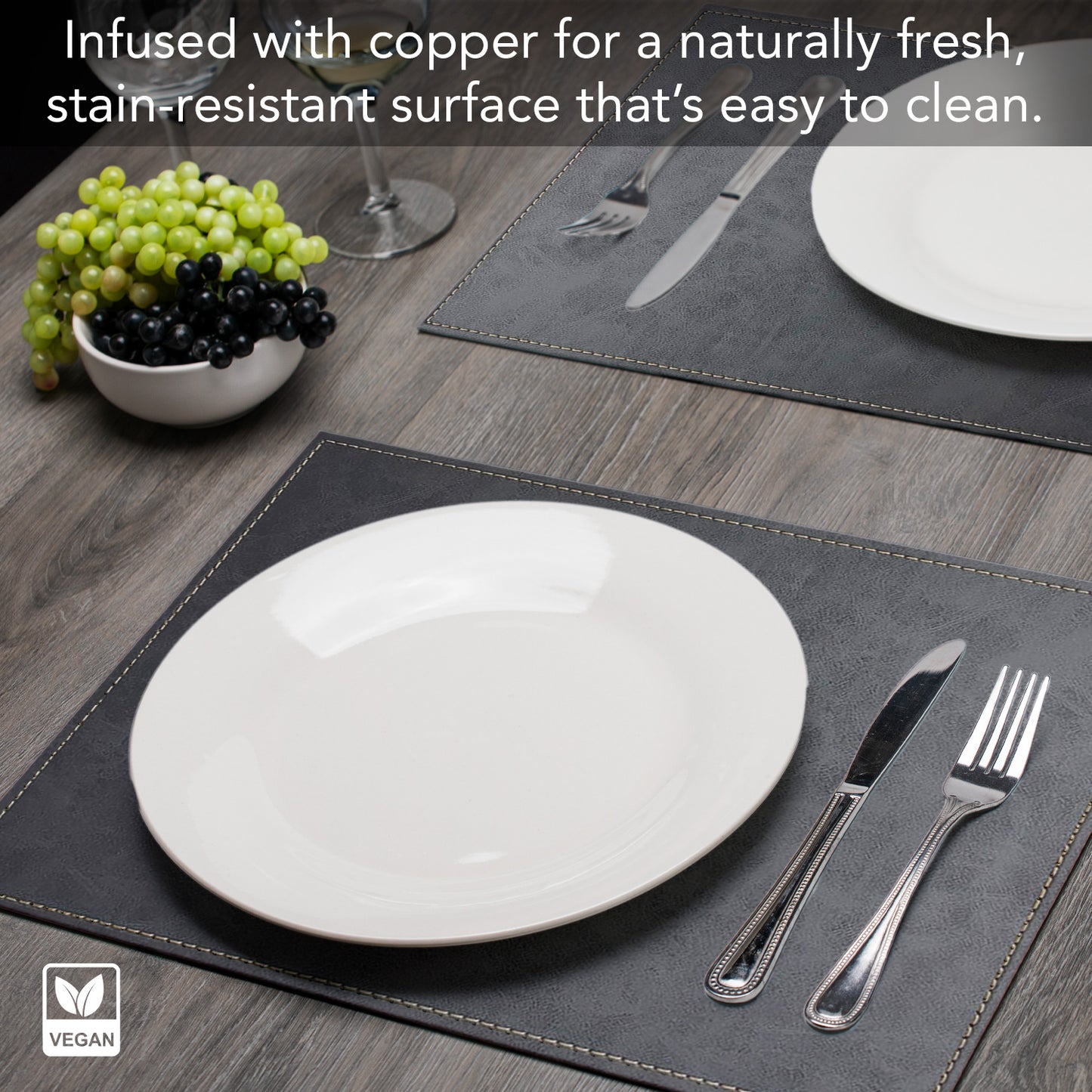 Luxurious Gray Vegan Leather Placemats 4 Pack Look and Feel of Genuine Leather Infused with Copper