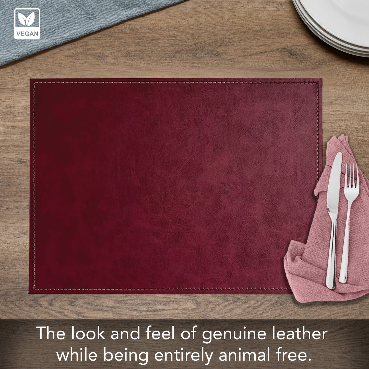 Luxurious Burgundy Vegan Leather Placemats 4 Pack Look and Feel of Genuine Leather Infused with Copper