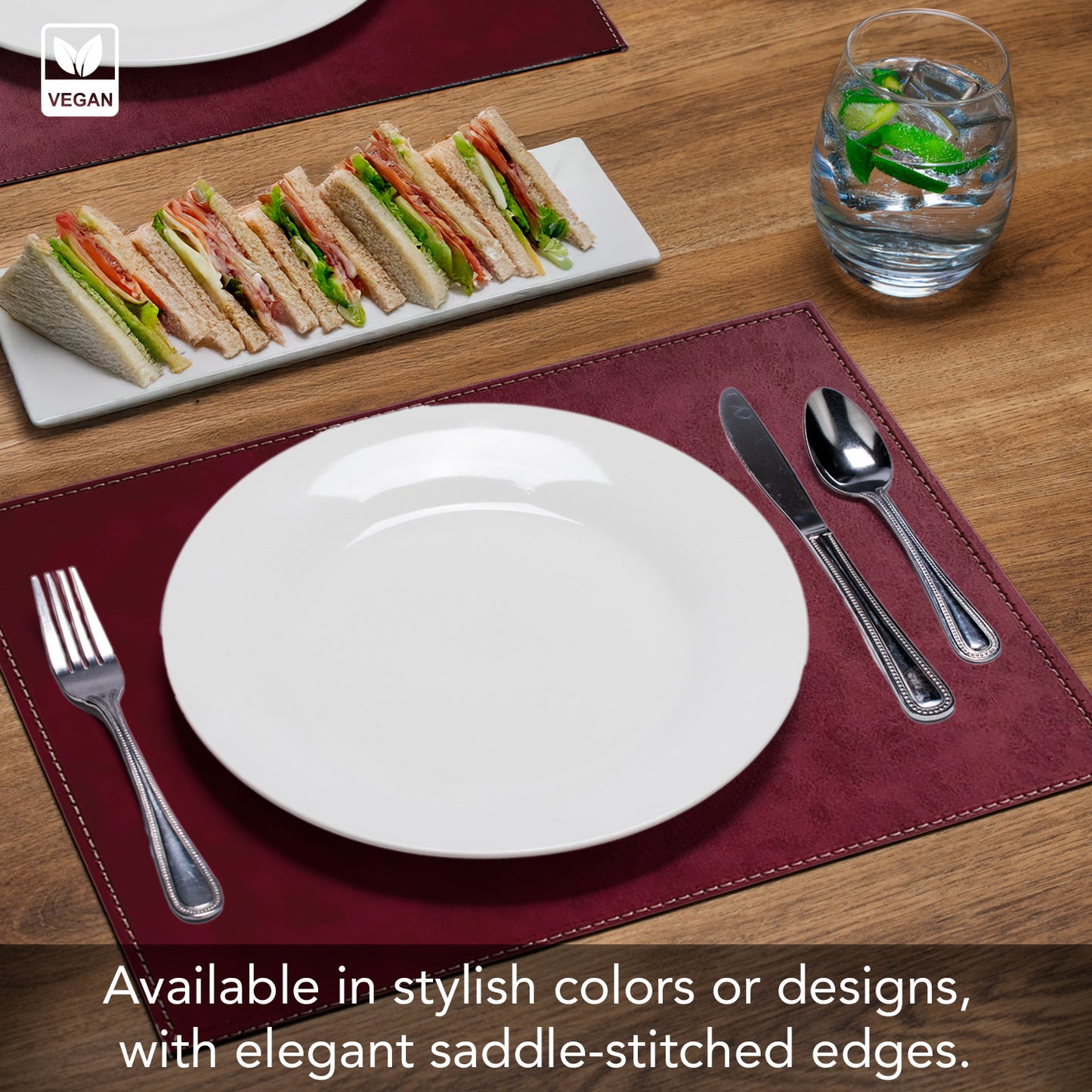 Luxurious Burgundy Vegan Leather Placemats 4 Pack Look and Feel of Genuine Leather Infused with Copper