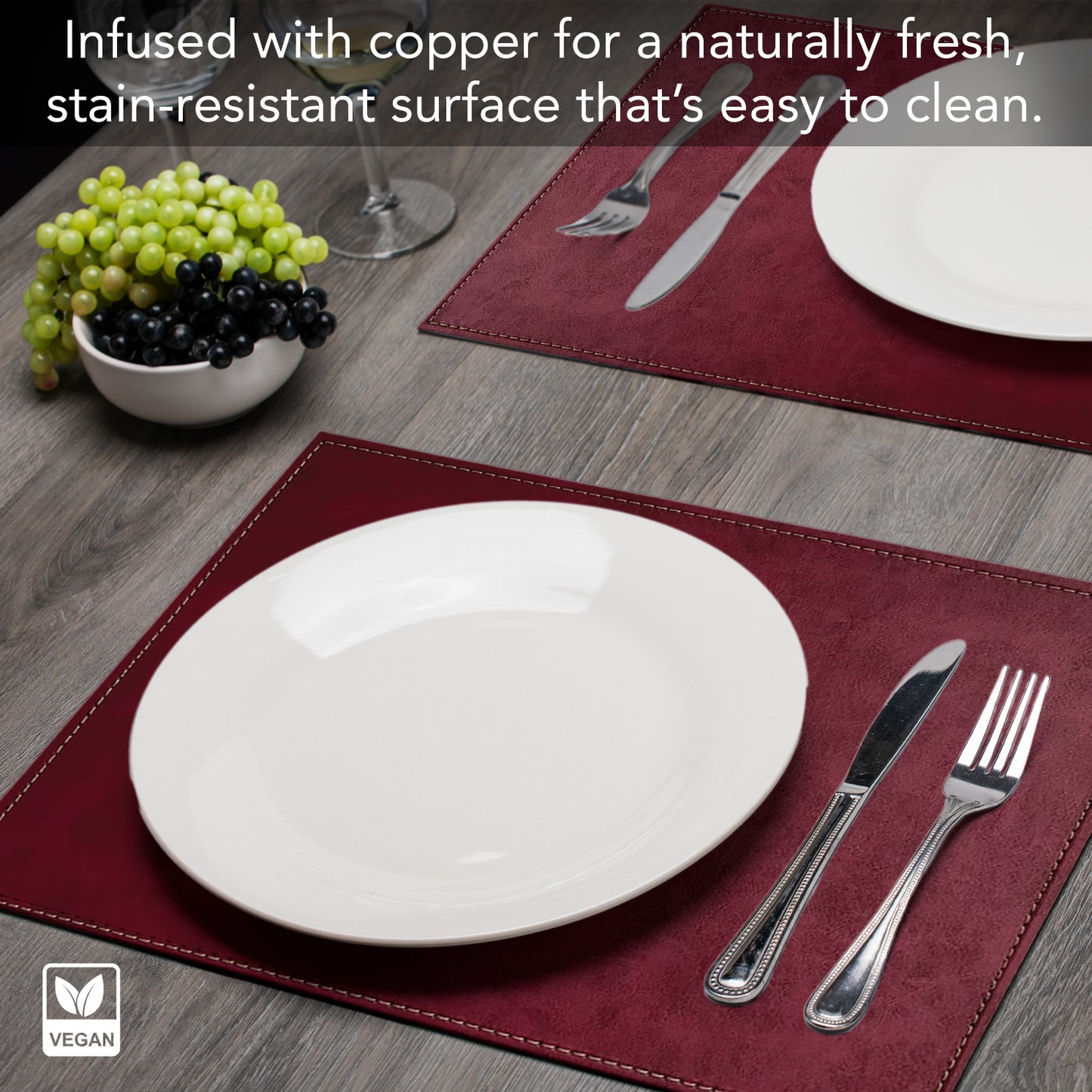 Luxurious Burgundy Vegan Leather Placemats 4 Pack Look and Feel of Genuine Leather Infused with Copper