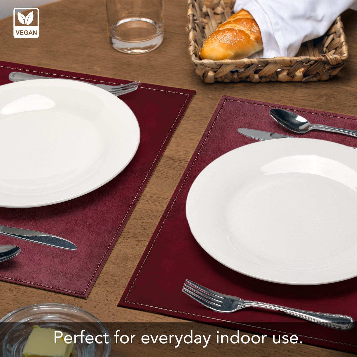 Luxurious Burgundy Vegan Leather Placemats 4 Pack Look and Feel of Genuine Leather Infused with Copper
